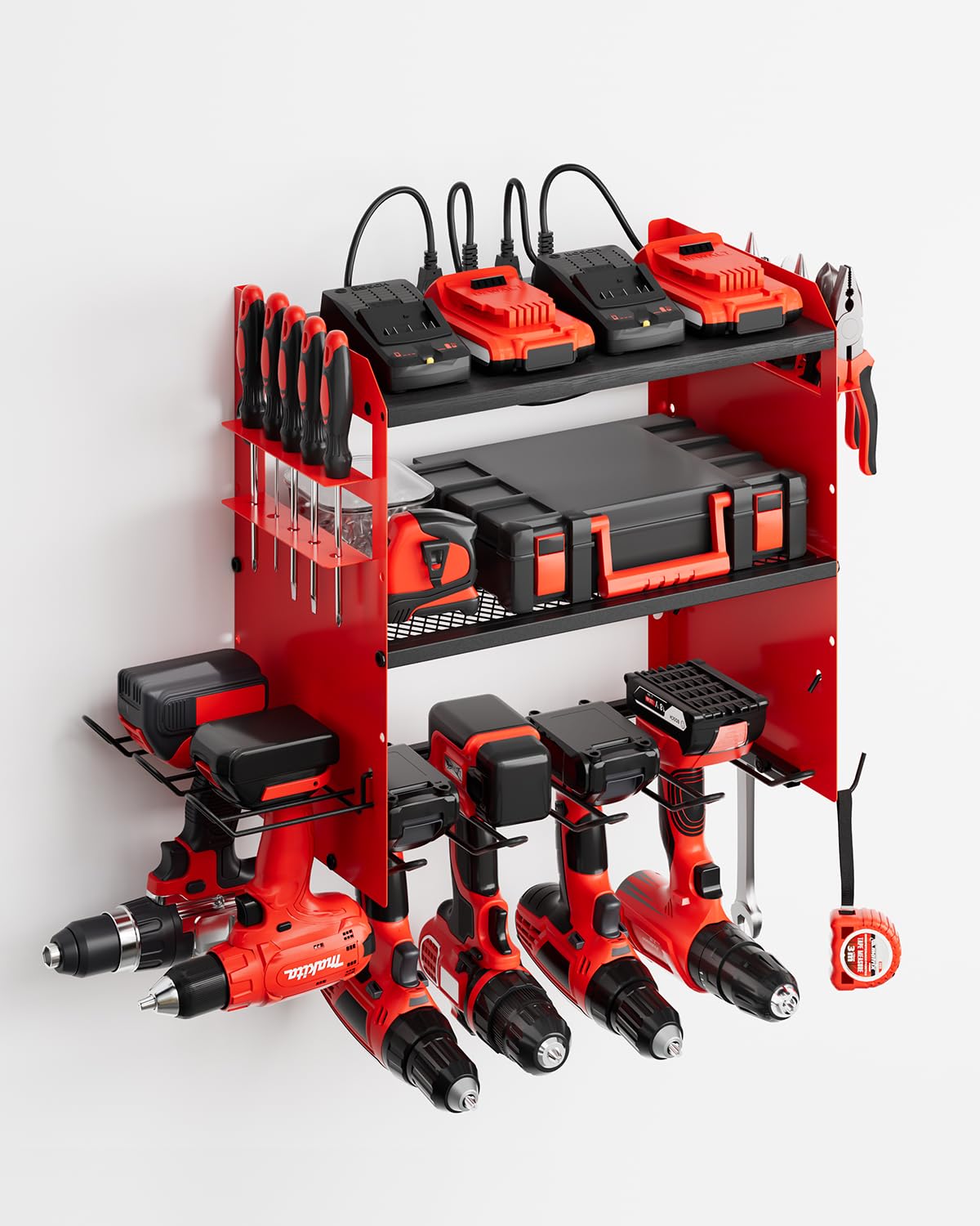 Dunatou Adjustable Power Tool Organizer Wall Mount with Charging Station - 6 Drill Holder & 4 Outlet - Wood Garage Tool Organizer with Hooks - Perfect for DIY, Workshop, and Home Garage Organization