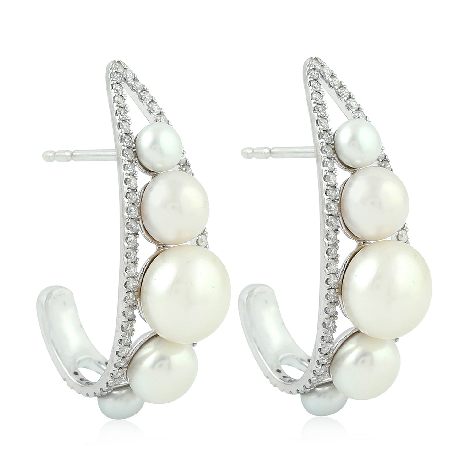 18K White Gold Beaded Pearl Gemstone Pave Diamond Stud Earrings - Elegant Jewelry for Weddings, Parties & Special Occasions