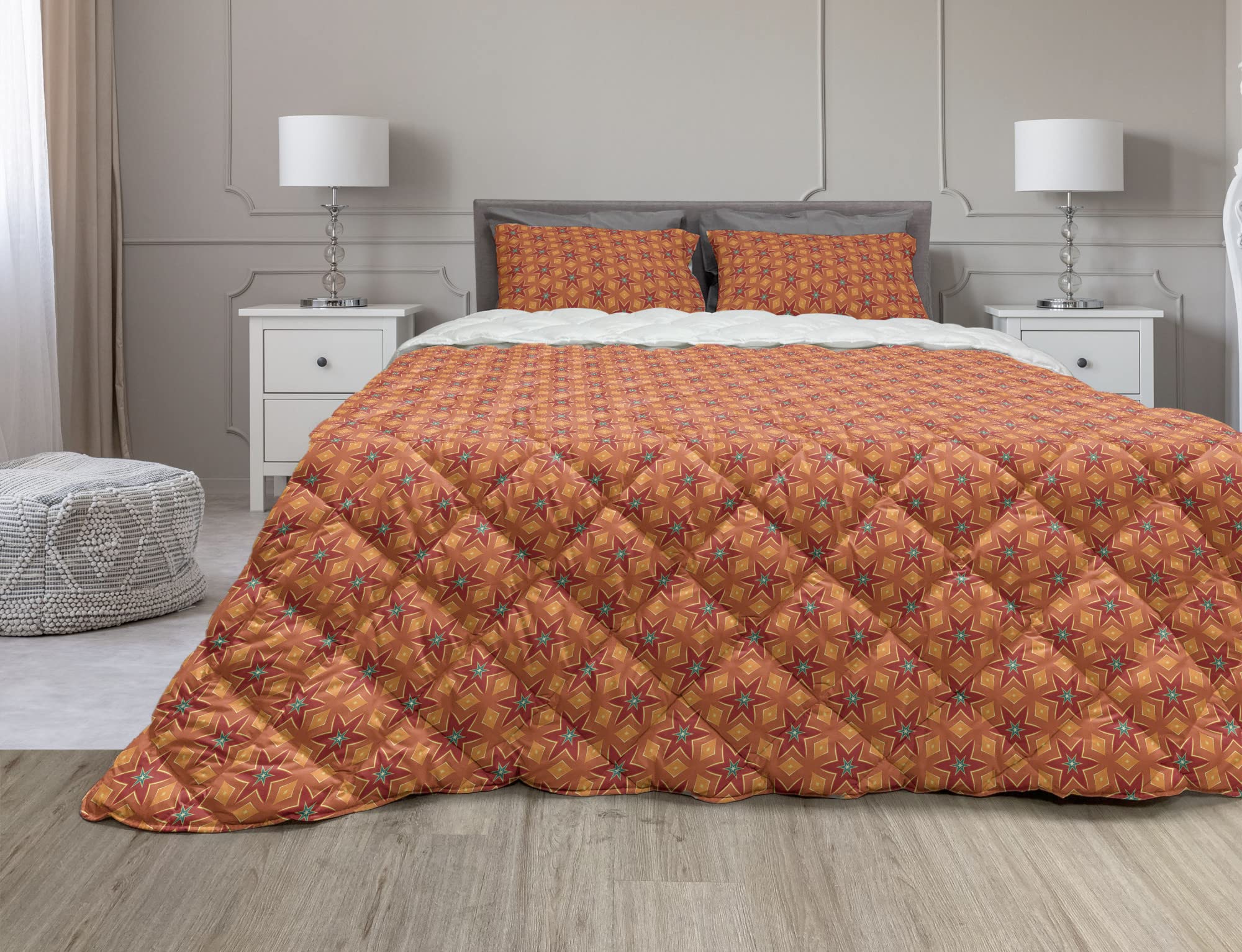 Ambesonne Vintage Comforter & Sham Bedding Set - Retro Geometric Tile Floral Diamond Design, 2-Piece Microfiber Duvet Set, Twin Size, Orange Vermilion | Perfect for Bohemian & Retro Bedroom Decor