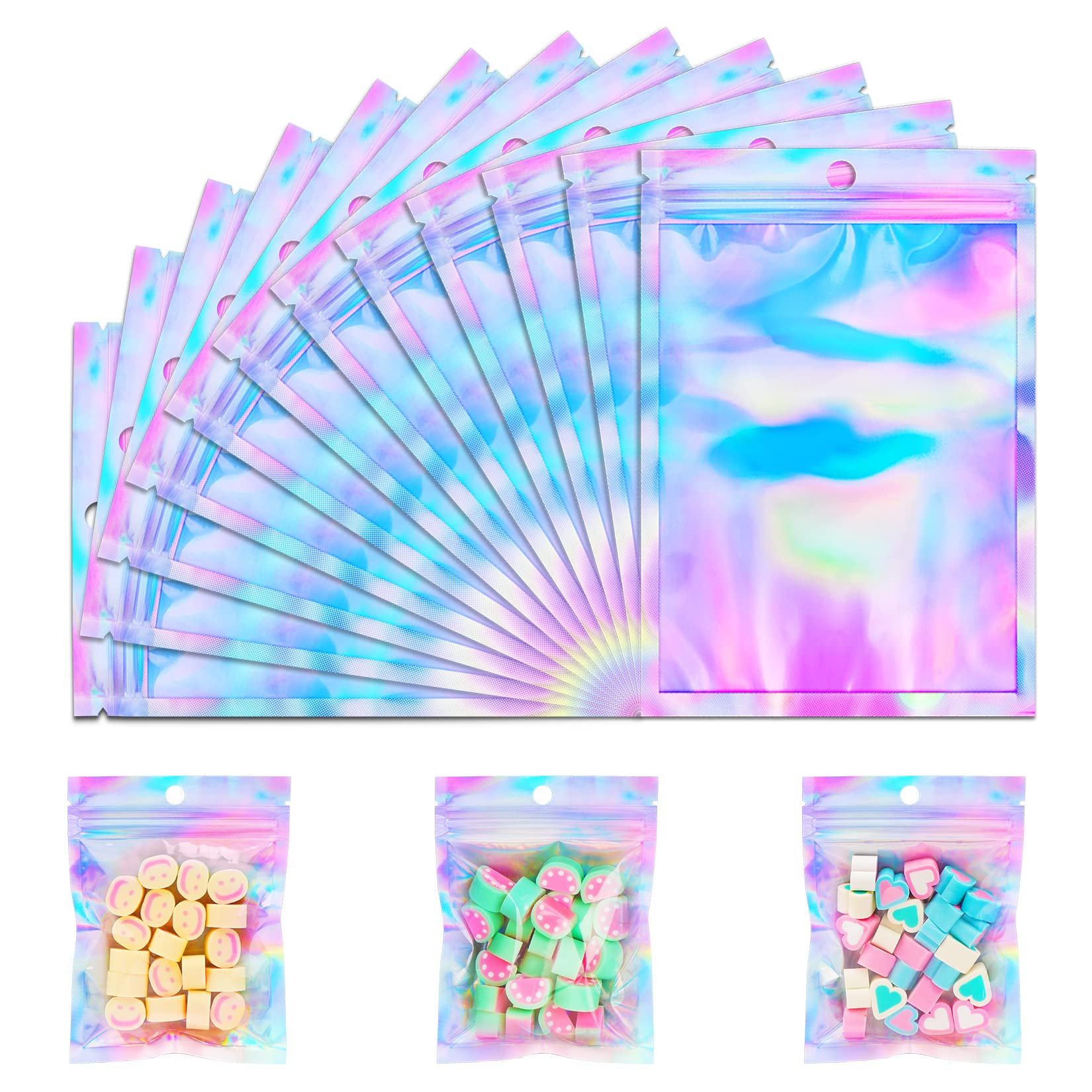 150 Pack 5x7 Inches Holographic Resealable Smell Proof Bags - Premium Food Storage & Jewelry Packaging for Small Business - Ideal for Candy, Snacks, Small Items & Retail Display