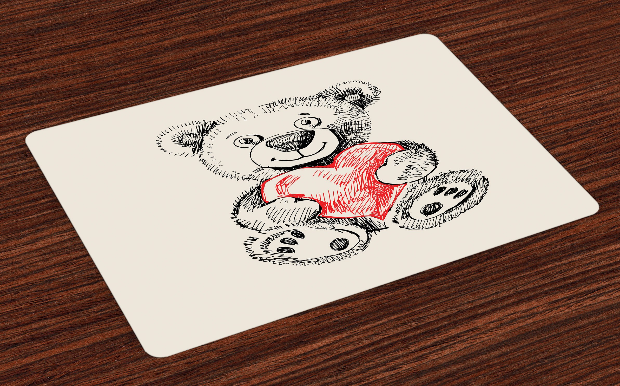 Funny Sketch Teddy Bear Holding a Heart Place Mats Set of 4 - Beige Background Minimalist Design, Washable Fabric Dining Table Mats for Kitchen & Dining Room Decor (Vermilion, Beige, Black) - Perfect for Family Dinners, Parties, and Cozy Breakfasts