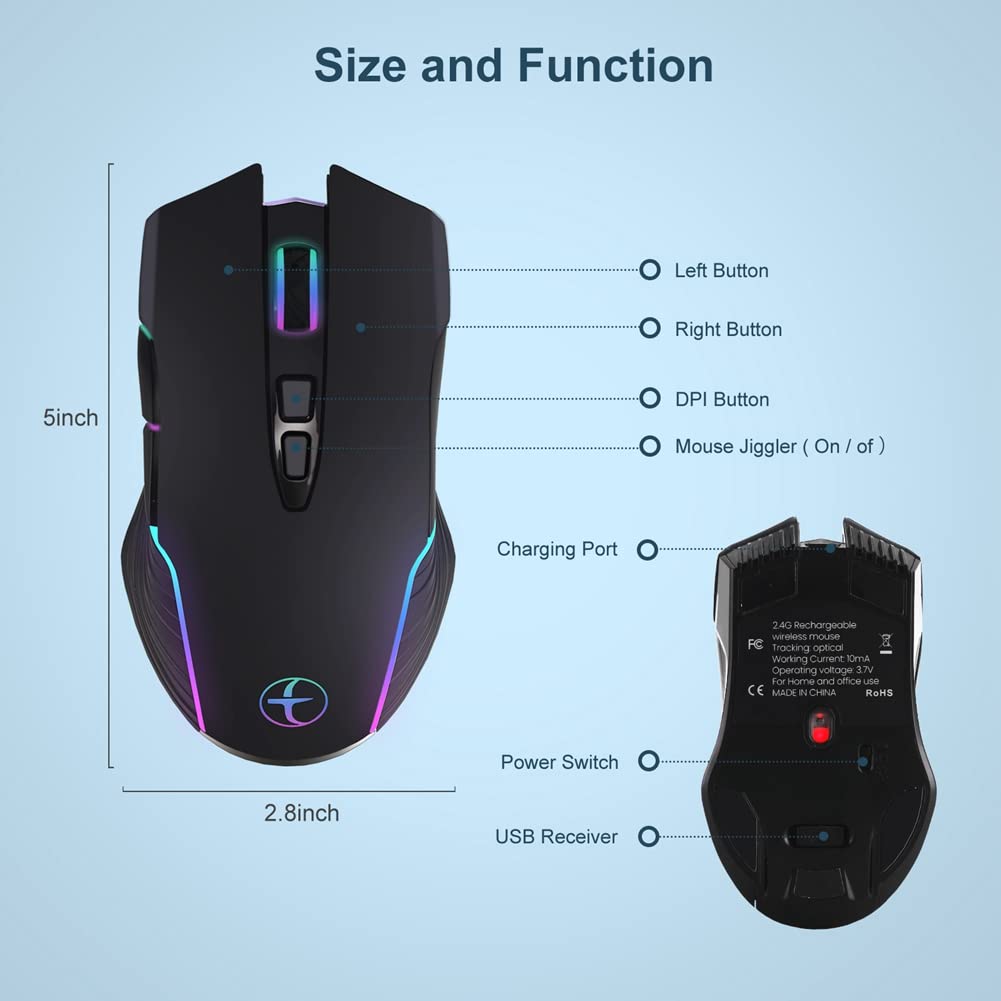 Wireless Gaming Mouse Mover Jiggler - Rechargeable Silent Optical Mouse with On/Off Switch to Keep PC Active | Perfect for Remote Work, Online Classes & Preventing Sleep Mode (Black)
