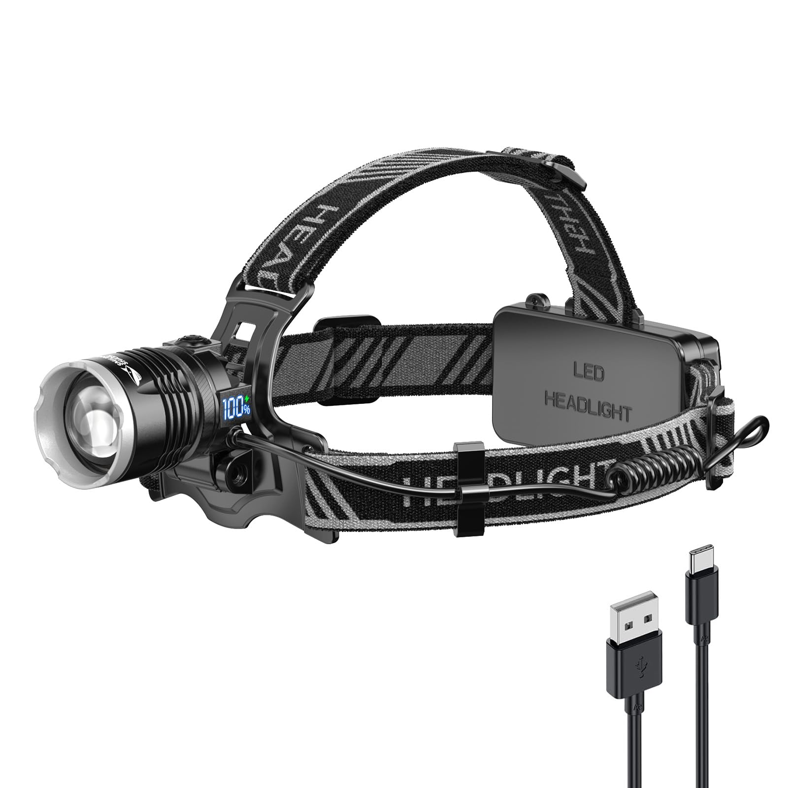 USB Rechargeable Smiling Shark LED Headlamp - 4400mAh Super Bright White Light, Zoomable & Waterproof with Battery Display for Adults & Kids - Perfect for Construction, Camping, Hiking, Climbing and Outdoor Adventures