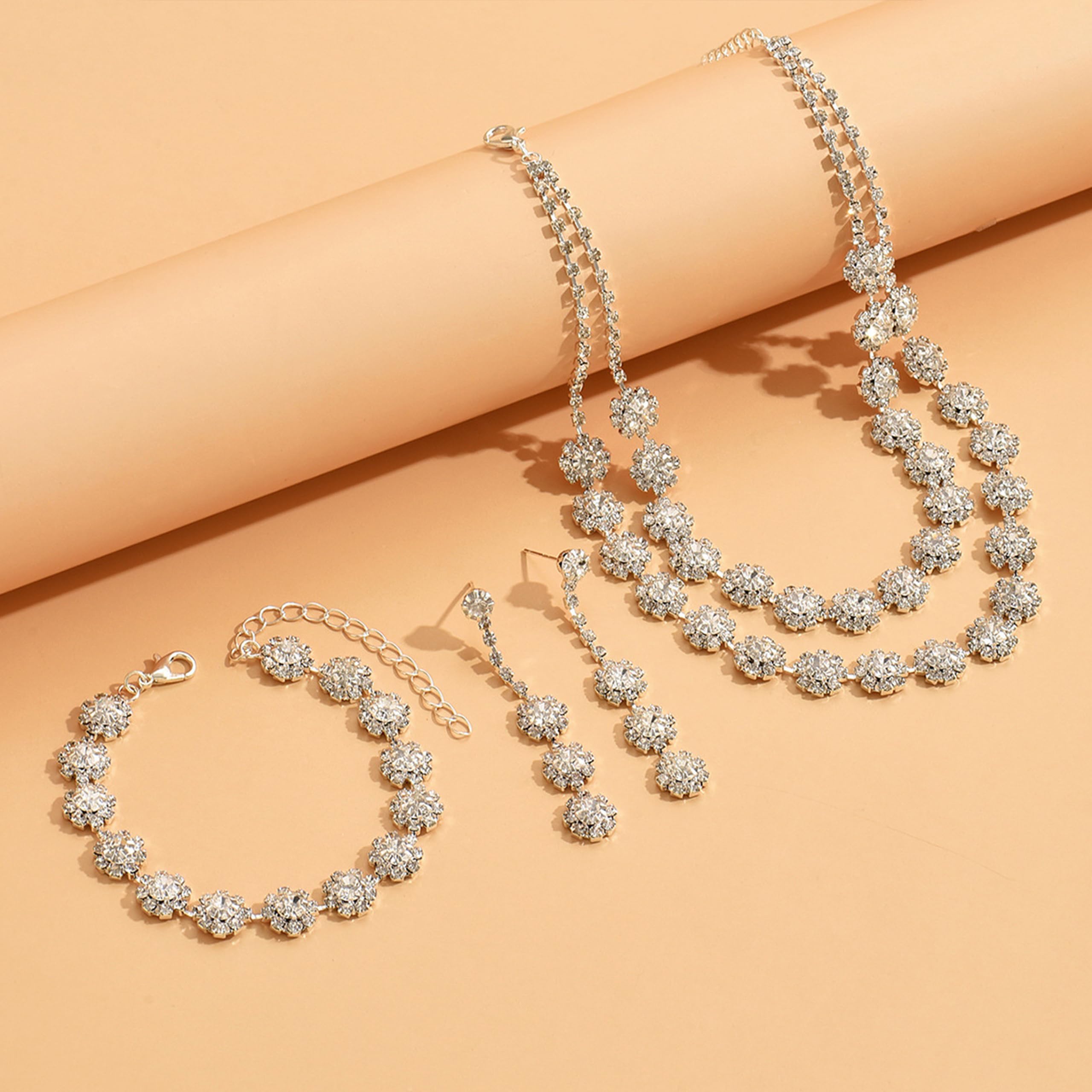 HUASAI Silver Rhinestone Jewelry Set for Women - Necklace, Earrings & Bracelet - Prom, Wedding, Party Dress Accessories - Perfect for Formal Events, Evening Gowns and Special Occasions