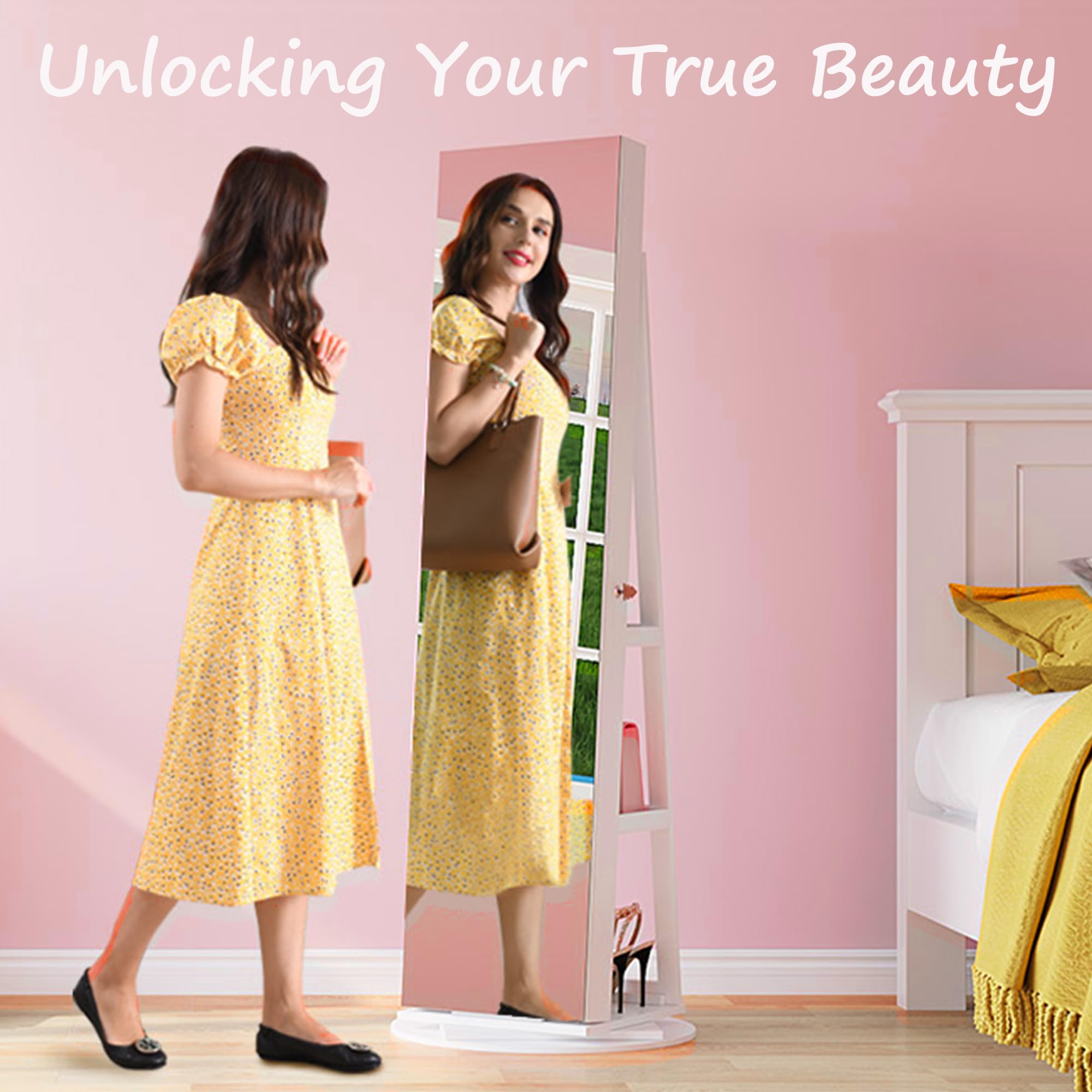 360° Rotating Jewelry Armoire with LED Lights & Full Length Mirror - 63