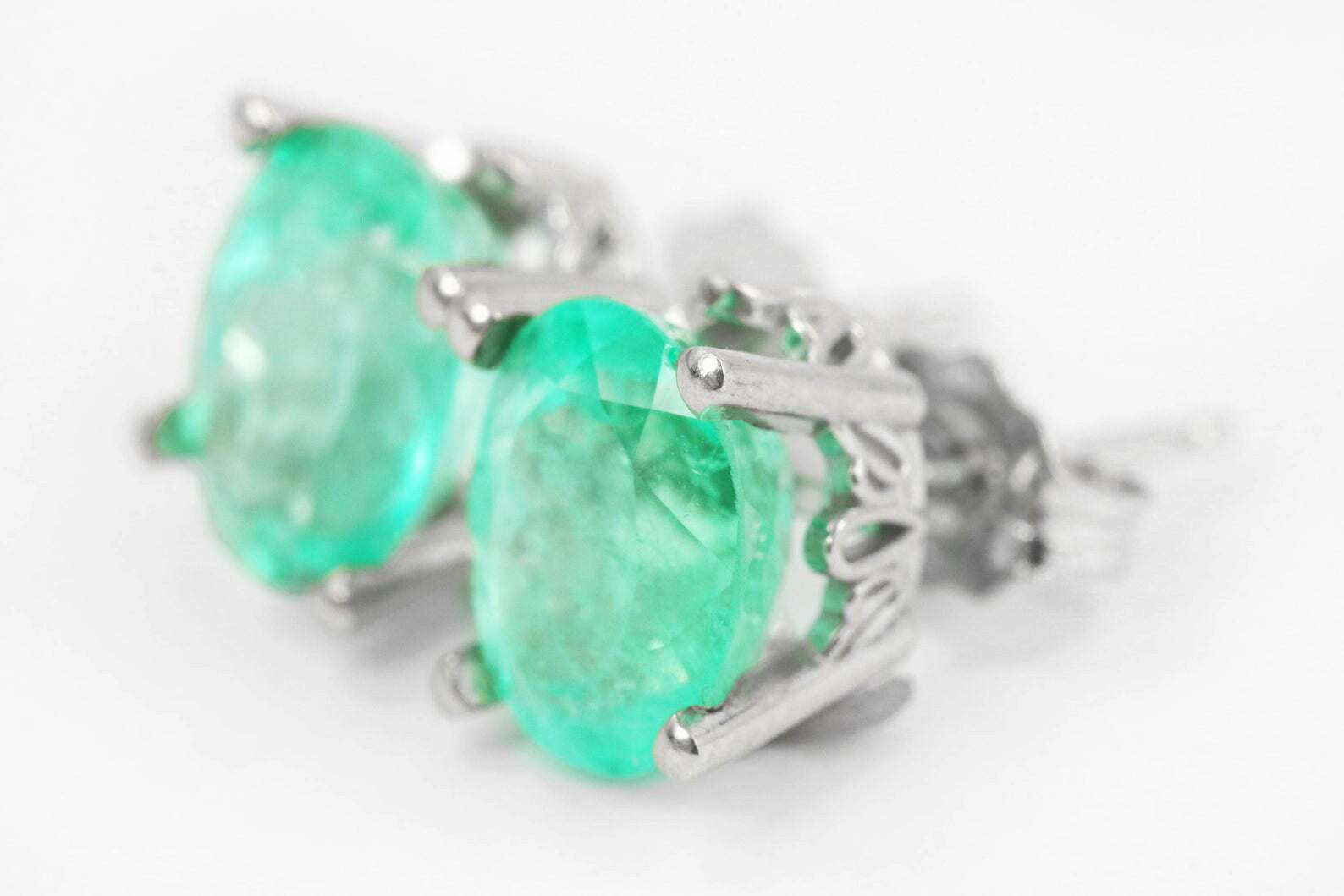 2.0TCW Certified Natural Bright Green Emerald Oval Stud Earrings in 14K Gold - Elegant Scroll Design for Women, Perfect for Weddings, Parties & Special Occasions