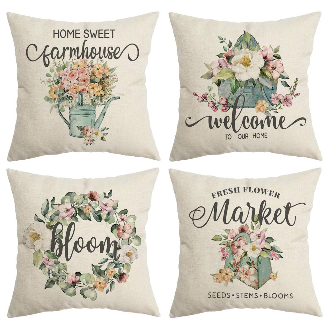 CROWNED BEAUTY 18x18 Inch Spring Floral Pillow Covers Set of 4 - Farmhouse Decor Flower Market Rustic Throw Pillow Cases for Couch, Sofa, Living Room & Bedroom Home Decor
