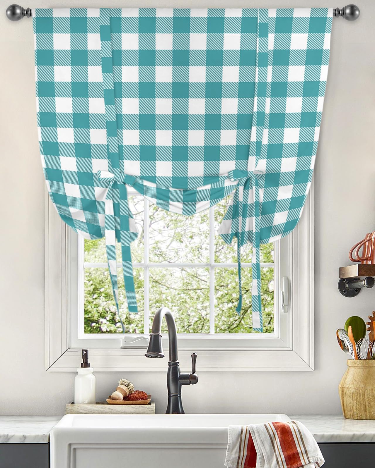 Farmhouse Style Teal Green Buffalo Check Plaid Tie Up Kitchen Curtains - Adjustable Window Shade with Rod Pocket for Small Windows (46