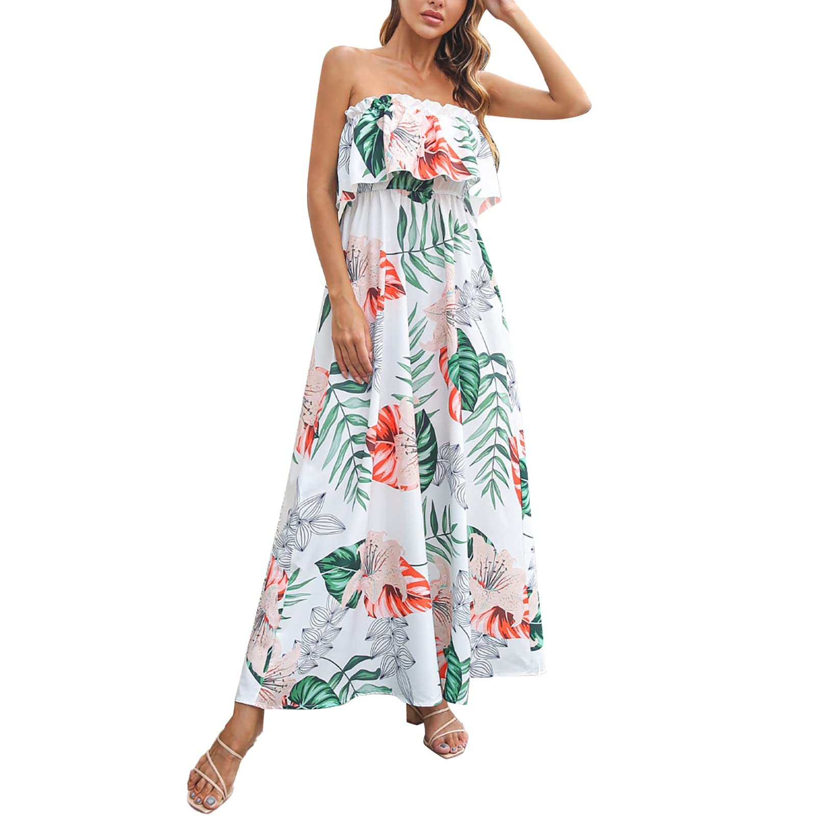 Women's Short Black Off The Shoulder Maxi Dress - Summer Strapless Ruffle Boho Dress in Blue White Porcelain Print | Perfect for Beach Vacations, Date Nights & Casual Outings