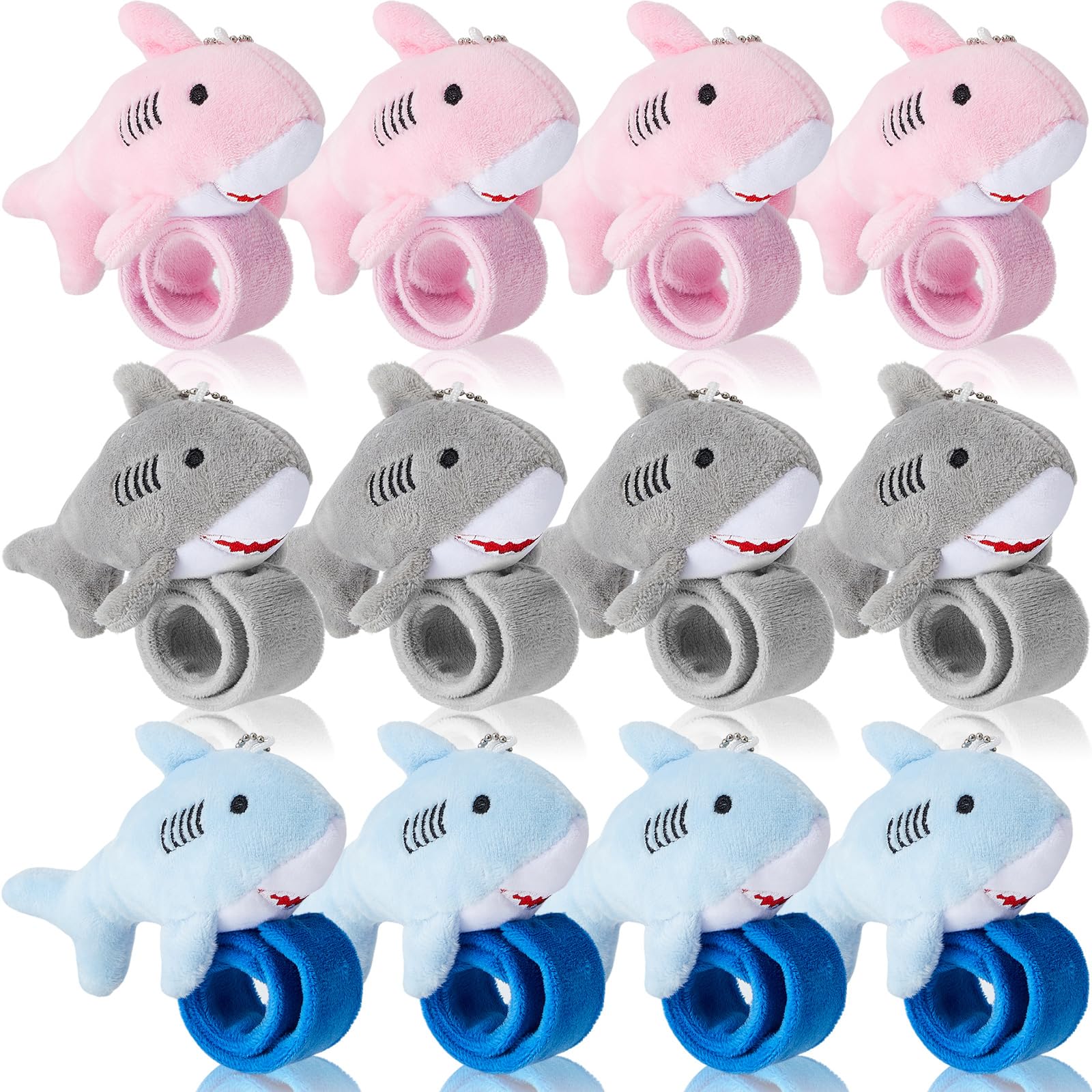 12 Pcs Plush Shark Slap Bracelet Stuffed Animal Wristbands - Fun Sea Animal Snap Bracelets for Kids, Party Favors, Birthday Gifts (Blue, Gray, Pink) - Perfect for Beach Parties, Pool Games & Ocean-Themed Events