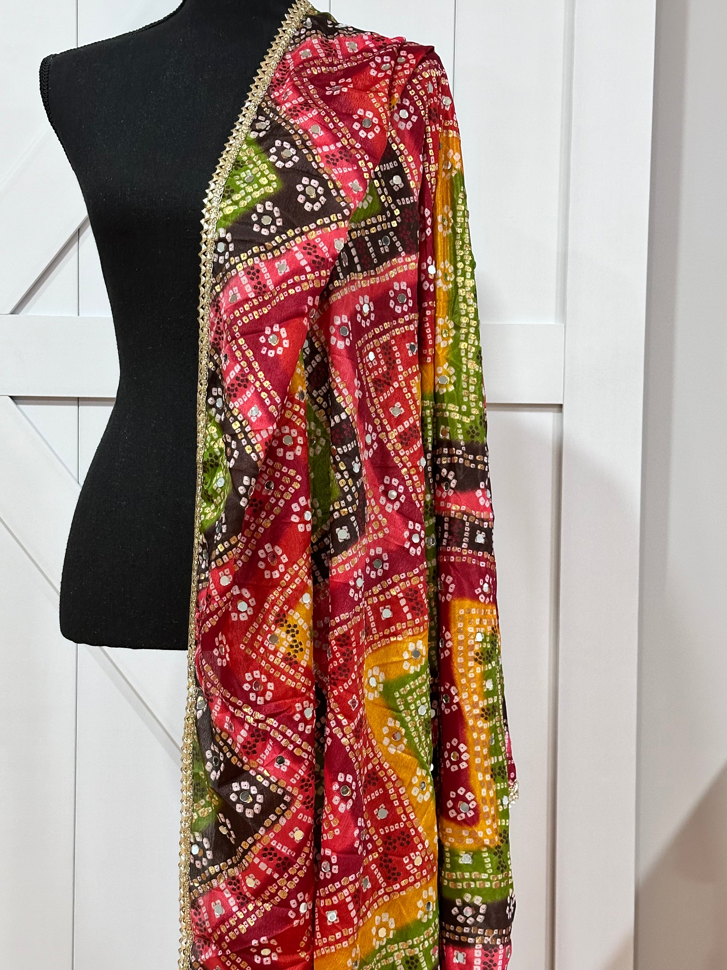 Phulkari Style Bandhini Print Dupatta Scarf - Elegant Indian Traditional Shawl for Women, Perfect for Weddings, Festivals & Ethnic Outfits