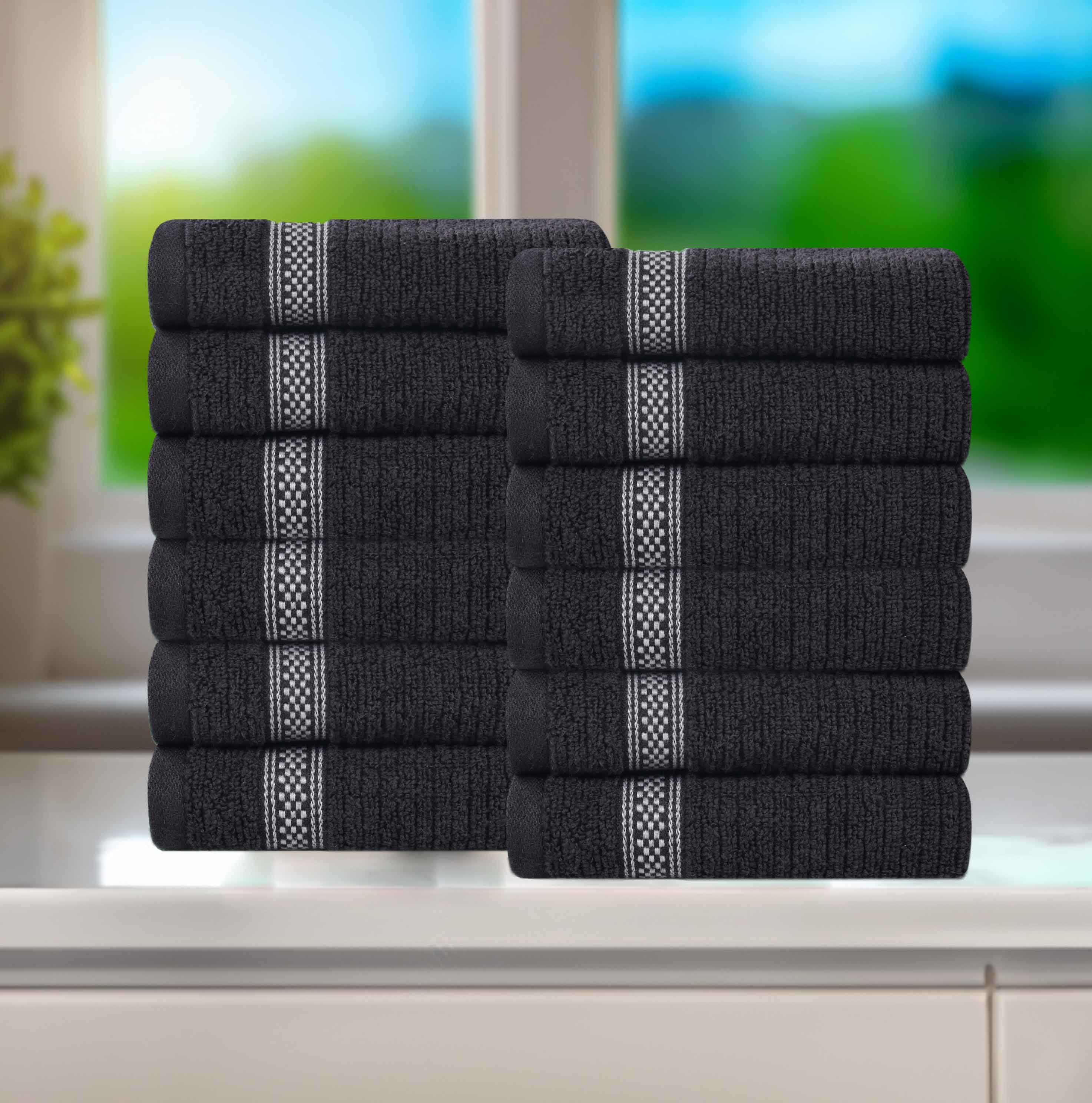12-Pack Zero Twist Cotton Ribbed Geometric Border Plush Face Towels | Ultra Soft Bath & Hand Towels for Spa, Gym, Travel & Home Use