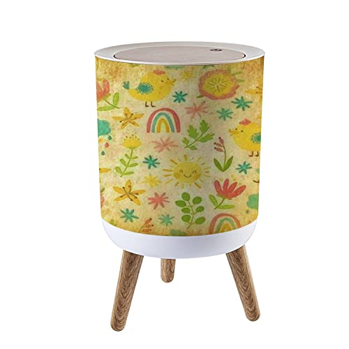 Small Trash Can with Lid - 1.8 Gallon Spring Sealed Round Waste Bin, Cartoon Style Colorful Doodle Design, Dog Proof Press Cover for Kitchen, Bathroom, Living Room - Perfect for Home, Office & Dorm Organization