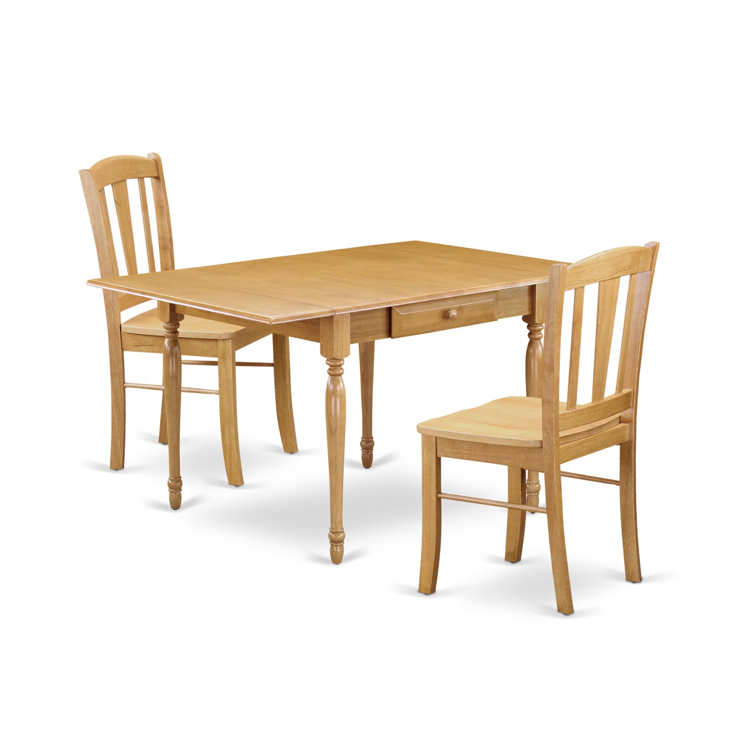 East West Furniture MZDL3-OAK-W 3 Piece Oak Kitchen Table Set with Drop Leaf - 36x54 Inch Rectangle Dining Table & 2 Chairs - Space Saving Solution for Small Apartments, Breakfast Nooks & Cozy Dining Areas