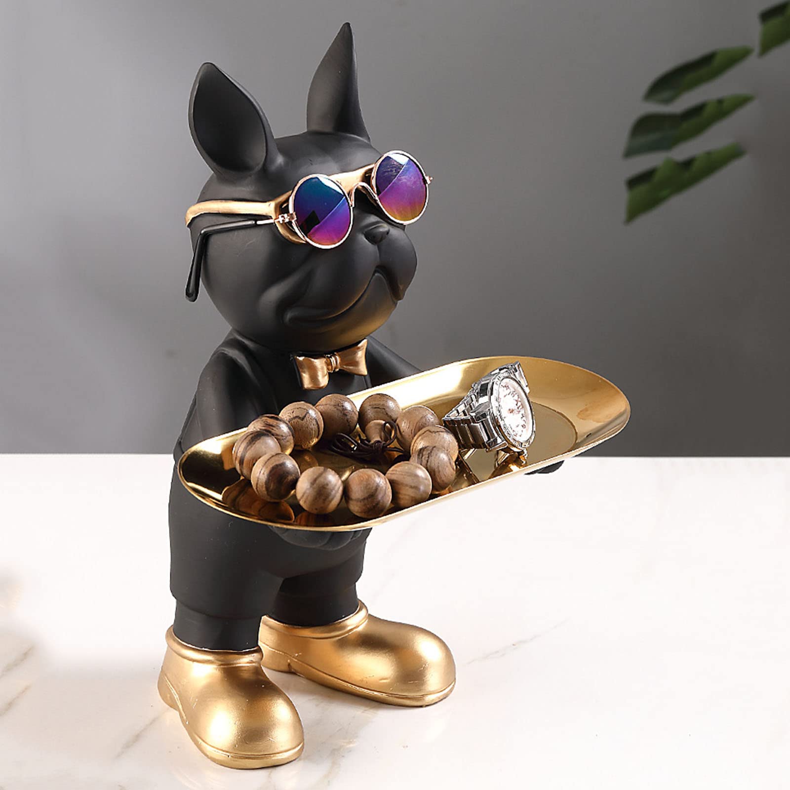 Resin Bulldog Tray Statue - Animal Sculpture Key Holder, Jewelry & Earrings Organizer - Desk Storage for Home, Office, Living Room - Decorative Tray for Keys, Candy, Small Items (Black) - Perfect for Entryway, Vanity, Coffee Table & Gift Giving