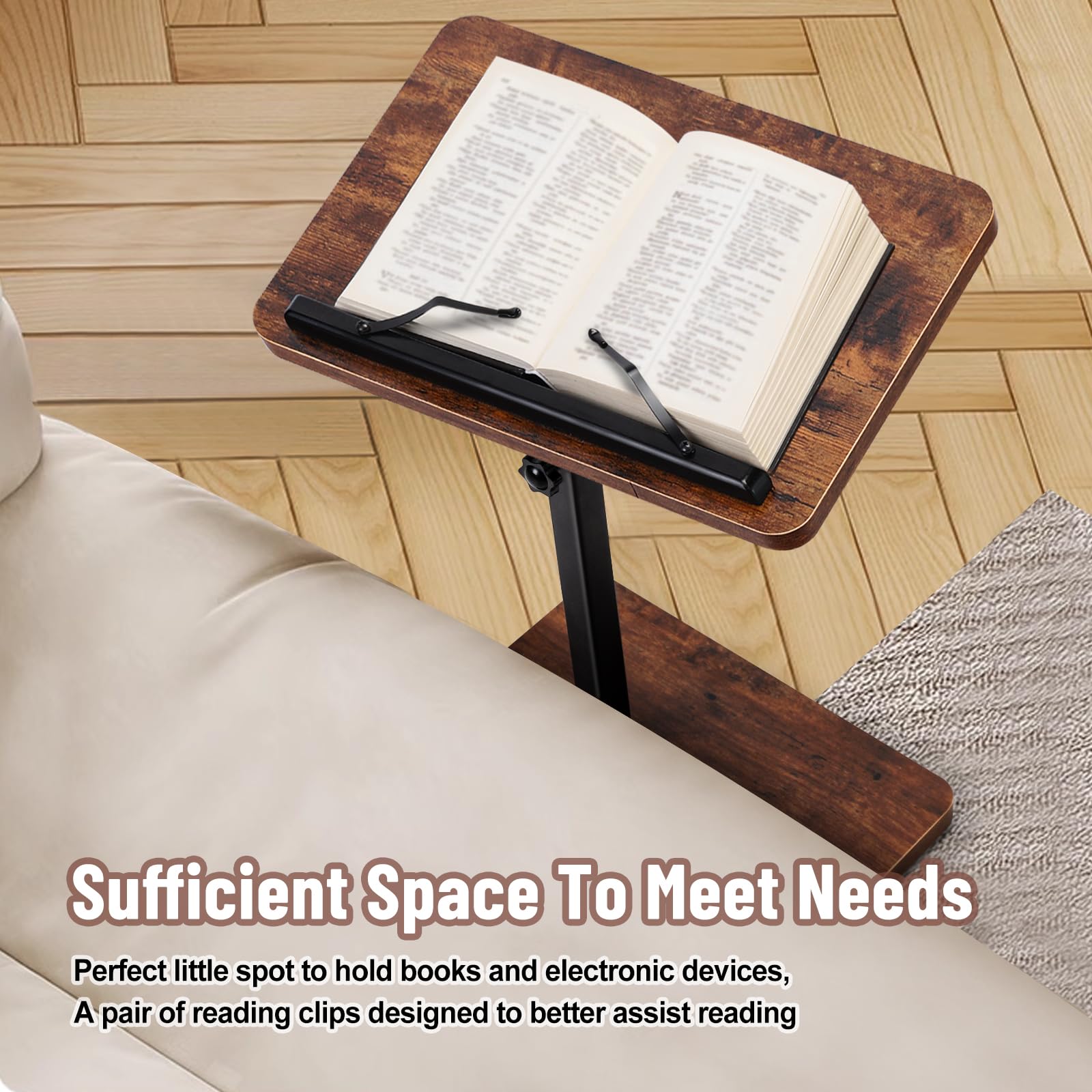 360° Swivel Adjustable TV Tray Table with Book Clip & Device Holder - C-Shaped End Table for Sofa, Bed, Bathtub - Perfect for Reading, Snacking & Relaxing (Rustic Finish)