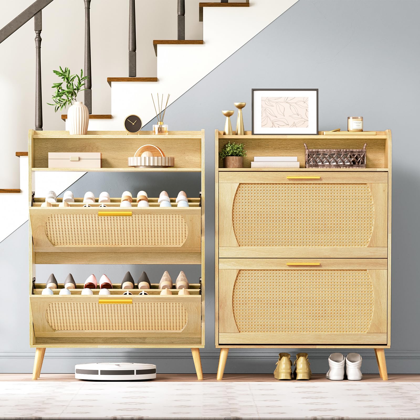 HOOBRO Rattan Shoe Storage Cabinet with 2 Flip Drawers - Adjustable Shelves Entryway Shoe Organizer for Hallway & Living Room - Natural Bamboo Shoe Rack for Small Spaces (NN80SC01) | Perfect for Apartment Entry, Closet Organization & Home Decor