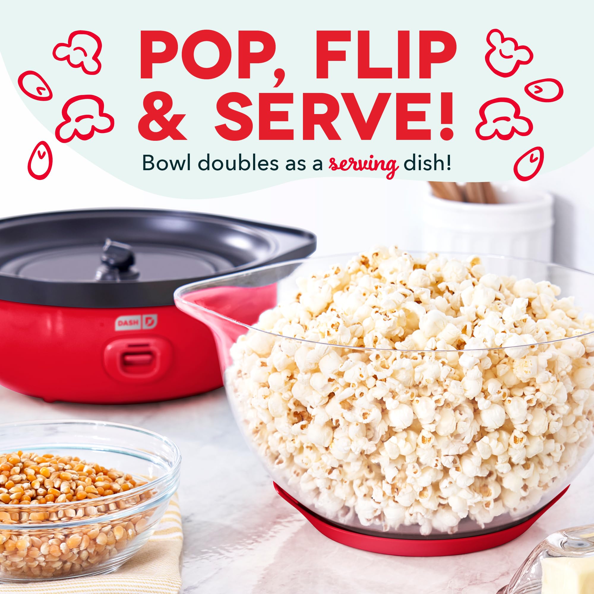 DASH SmartStore™ Deluxe Electric Popcorn Maker with Stirring Mechanism - Hot Oil Popcorn Machine with Large Serving Bowl Lid (24 Cup Capacity, Red) - Perfect for Movie Nights, Parties, and Family Snack Time