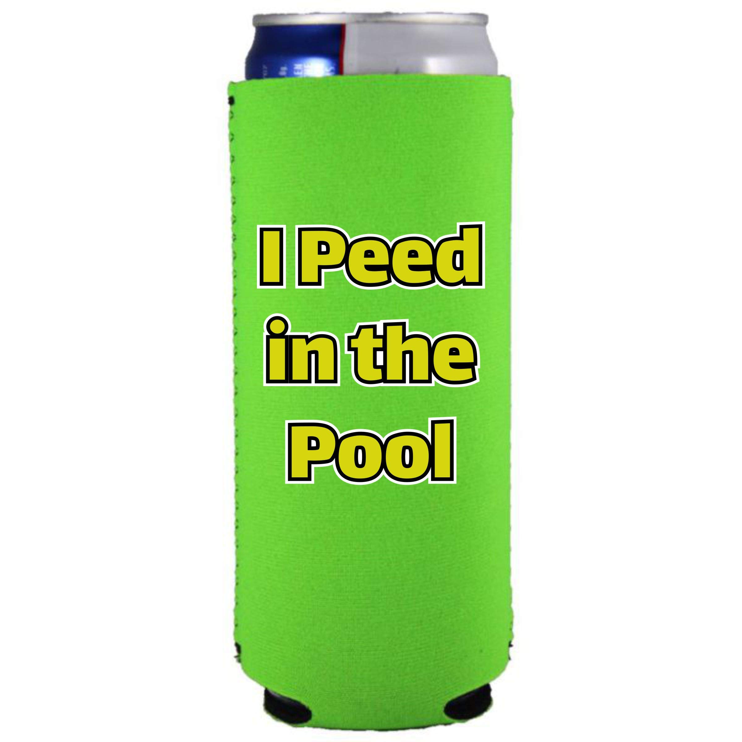 Funny I Peed in the Pool Slim Can Cooler - 2 Pack Bright Green Beer Koozies for Pool Parties, Beach Outings & Summer BBQs