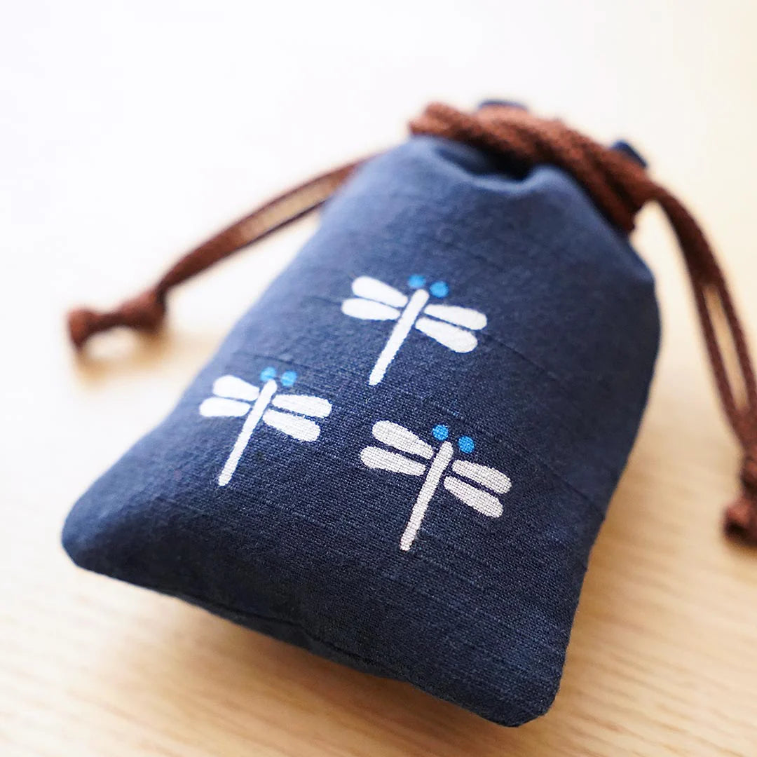Katazome Small Talisman Bag - Dragonfly Design Drawstring Pouch | Japanese Traditional Craft Bag for Good Luck Charms, Jewelry & Keepsakes