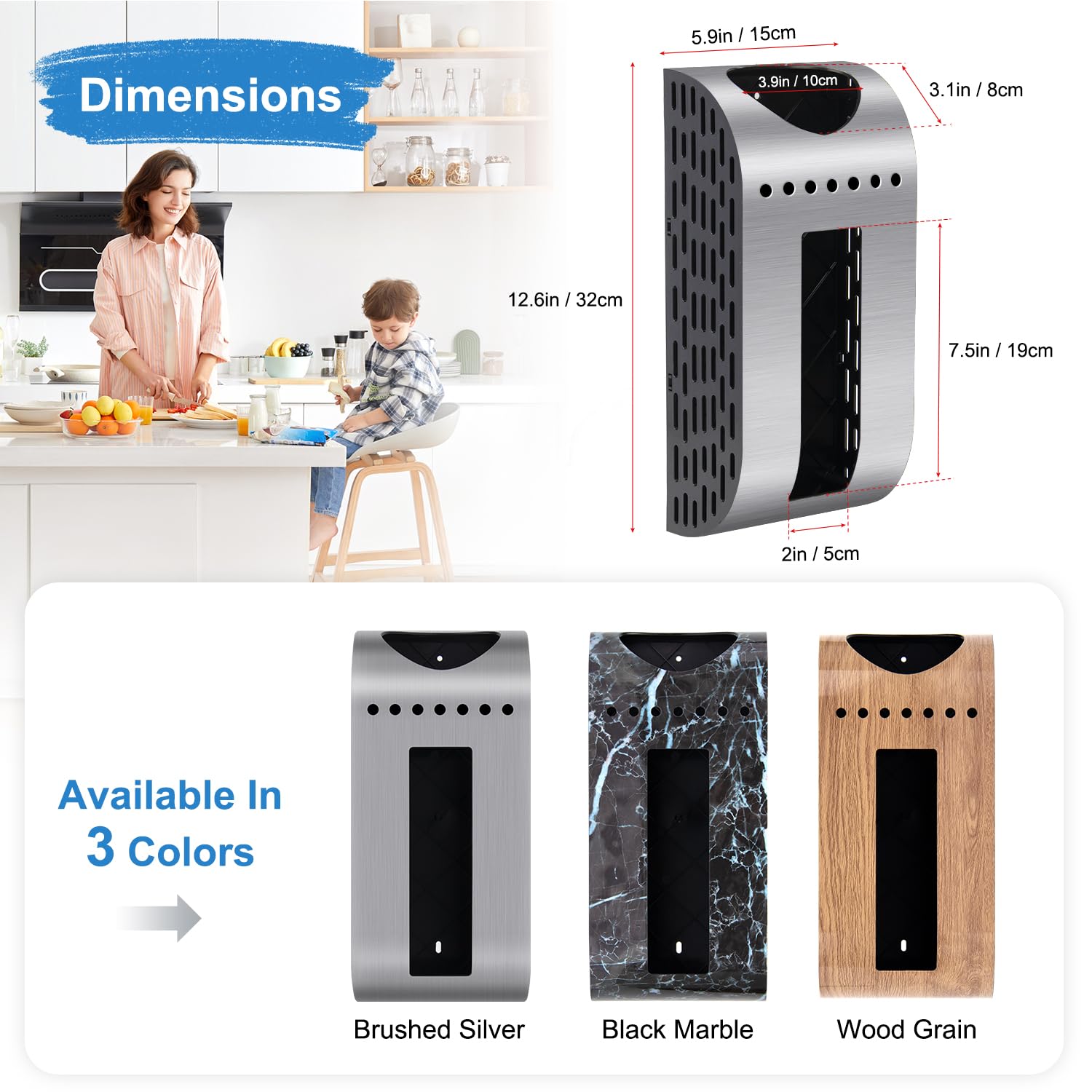 Wall Mount Grocery Bag Holder - Space Saving Plastic Bag Dispenser with Anti-Fingerprint Brushed Silver Finish - Perfect for Kitchen Cabinet, Cupboard & Pantry Organization - Ideal for Storing Shopping Bags, Trash Bags & Recycling Bags