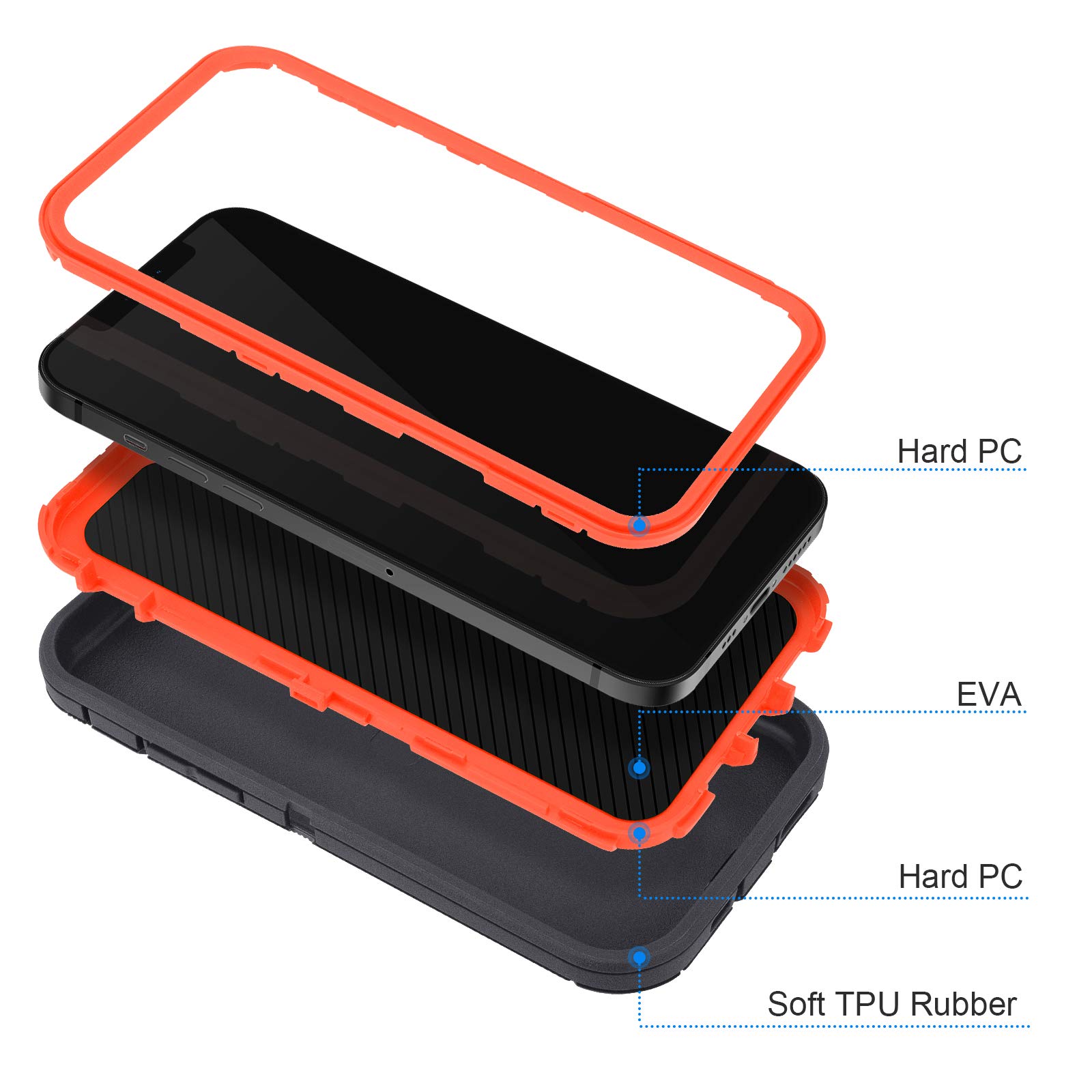 MAXCURY Heavy Duty Shockproof iPhone 12 Pro Max Case - 6.7 Inch 3-Layer Full Body Protection Cover with Silicone Rubber Bumper for Men & Women (Black/Orange) - Perfect for Outdoor, Work & Extreme Sports Protection