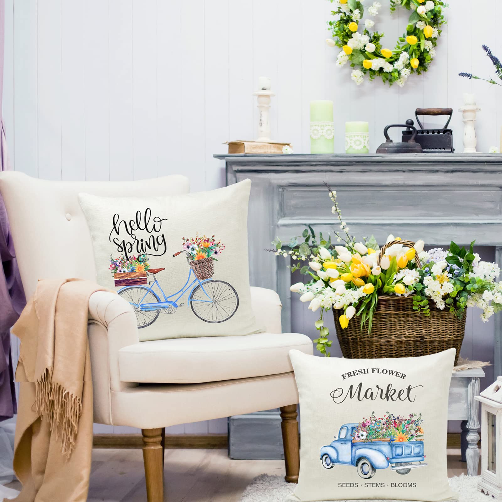 Farmhouse Spring Pillow Covers Set of 4 - 18x18 Inch Blue Truck & Bicycle Floral Design Decorative Throw Pillow Cases for Sofa, Bedroom, Living Room | Seasonal Home Décor & Cozy Interior Styling