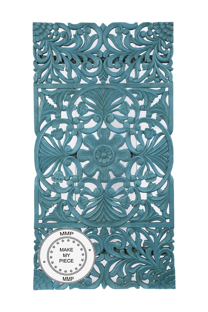 Hand Carved Indian Solid Wood Oriental Carved Panel - Blue Dynasty Artwork for Home Decor, Wall Art, and Meditation Room Accents
