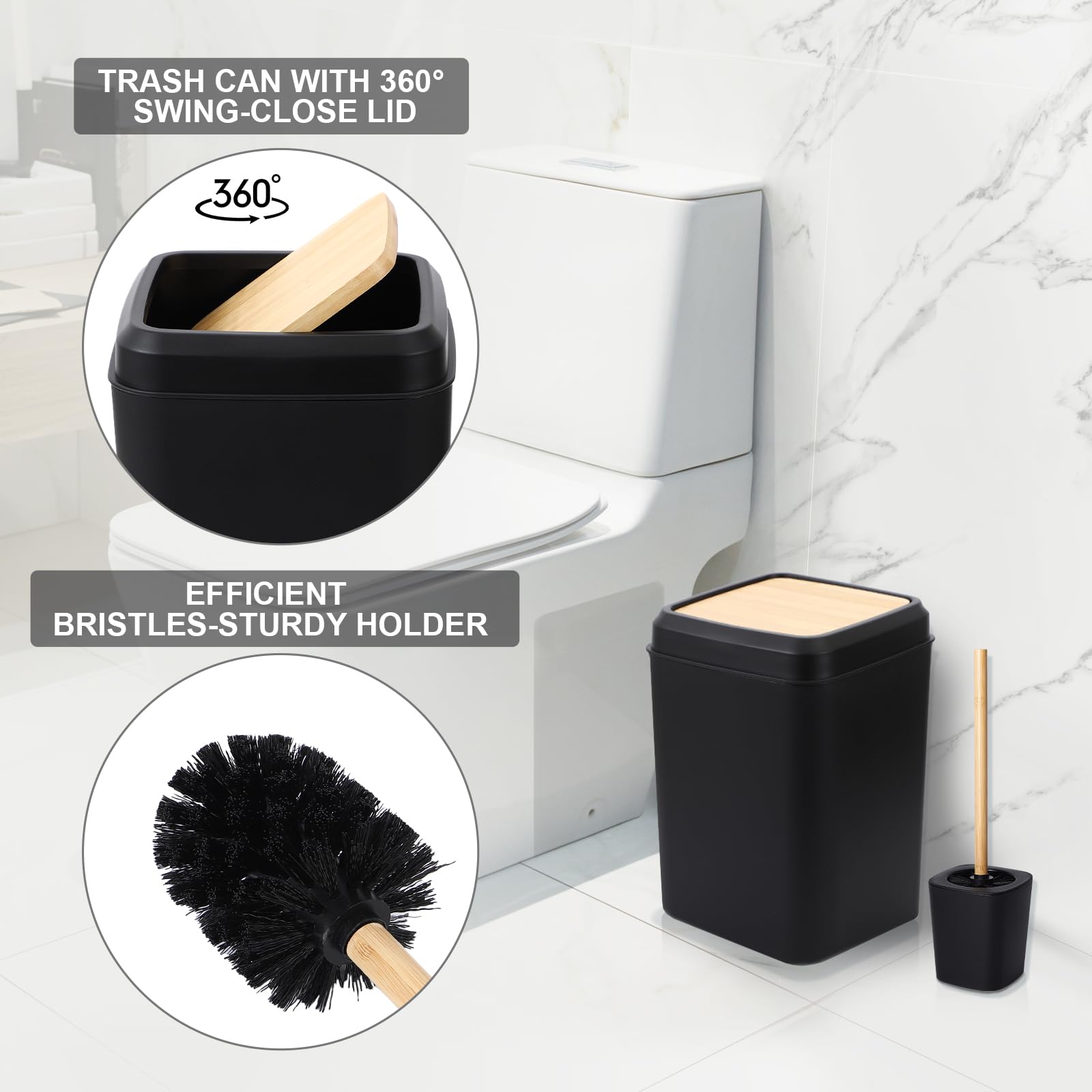 19-Piece Black and Wood Bathroom Accessories Set - Includes Trash Can, Toilet Brush, 3 Wall-Mounted 17oz Soap Dispensers (No Drill Needed), Toothbrush Holder, Cup, Soap Dish & Q-Tip Holder - Perfect for Modern Bathrooms, Guest Baths and Apartment Upgrades