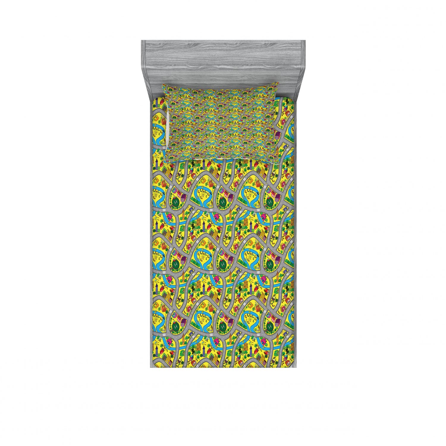 Ambesonne Car Race Track 2-Pack Twin Fitted Sheet & Pillow Sham Set - 4-Piece Road Themed Bedding Decor for Kids' Rooms & Race Car Enthusiasts - Perfect for Boys' Bedrooms, Playrooms & Themed Parties