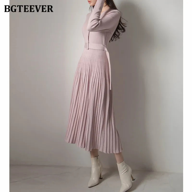 Elegant V-Neck Single-Breasted Women's Thick Knit Sweater Dress with Belt - A-Line Soft Winter Dress for Autumn & Winter 2021 | Perfect for Office, Date Night & Casual Outings