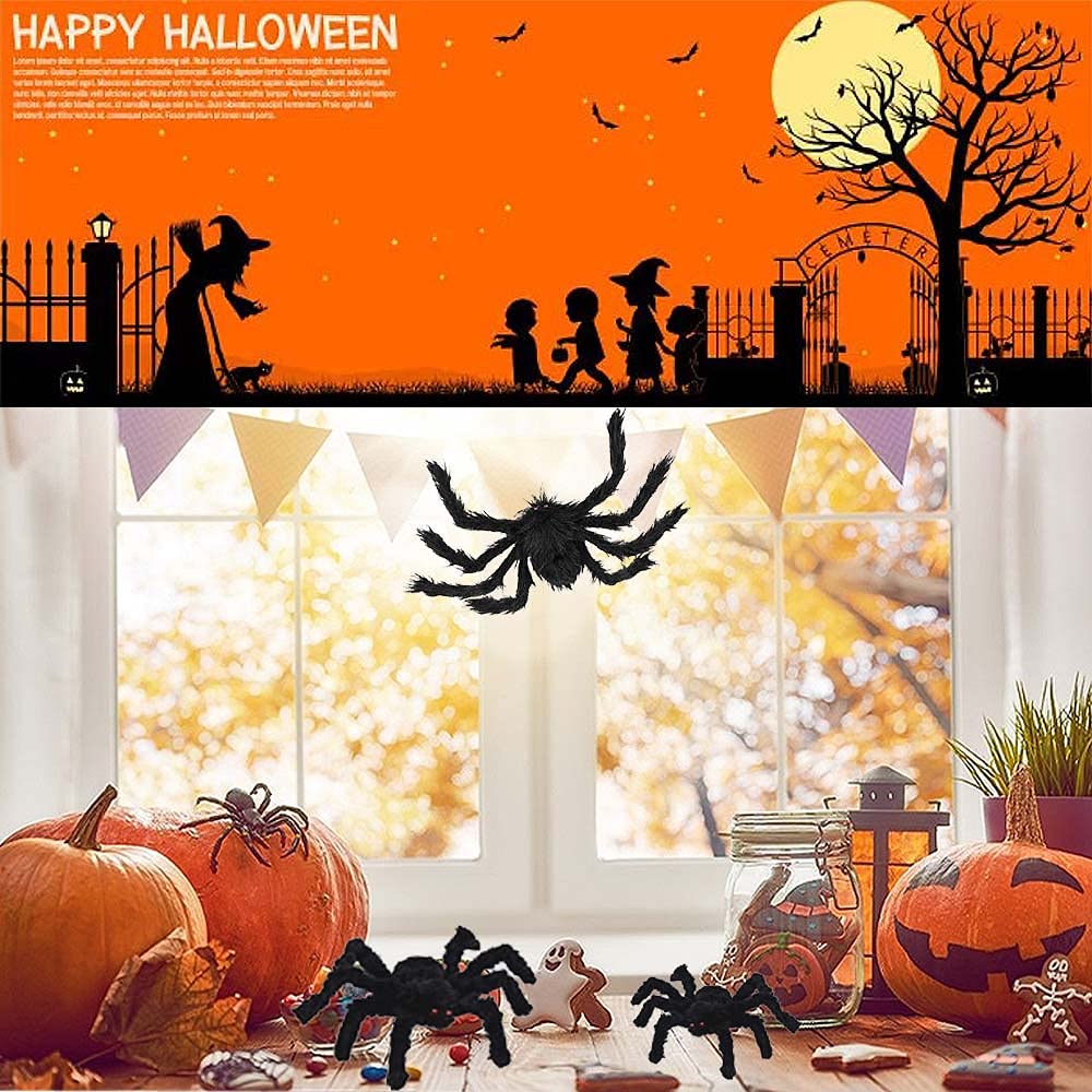 7 Pack Giant Halloween Spiders - Scary Large Hairy Fake Spiders for Outdoor Halloween Decorations, House Party Supplies (Spider Web Not Included) - Perfect for Front Yard Scare, Haunted House Props & Halloween Party Decor