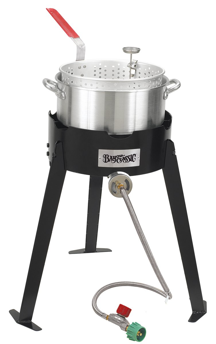 Bayou Classic Propane Outdoor Turkey Fryer Kit - 30 QT Aluminum Pot with Steel Frame Base, Basket & Stainless Thermometer - Perfect for Deep Frying Turkey, Chicken, Seafood & Vegetables in Backyard or Camping