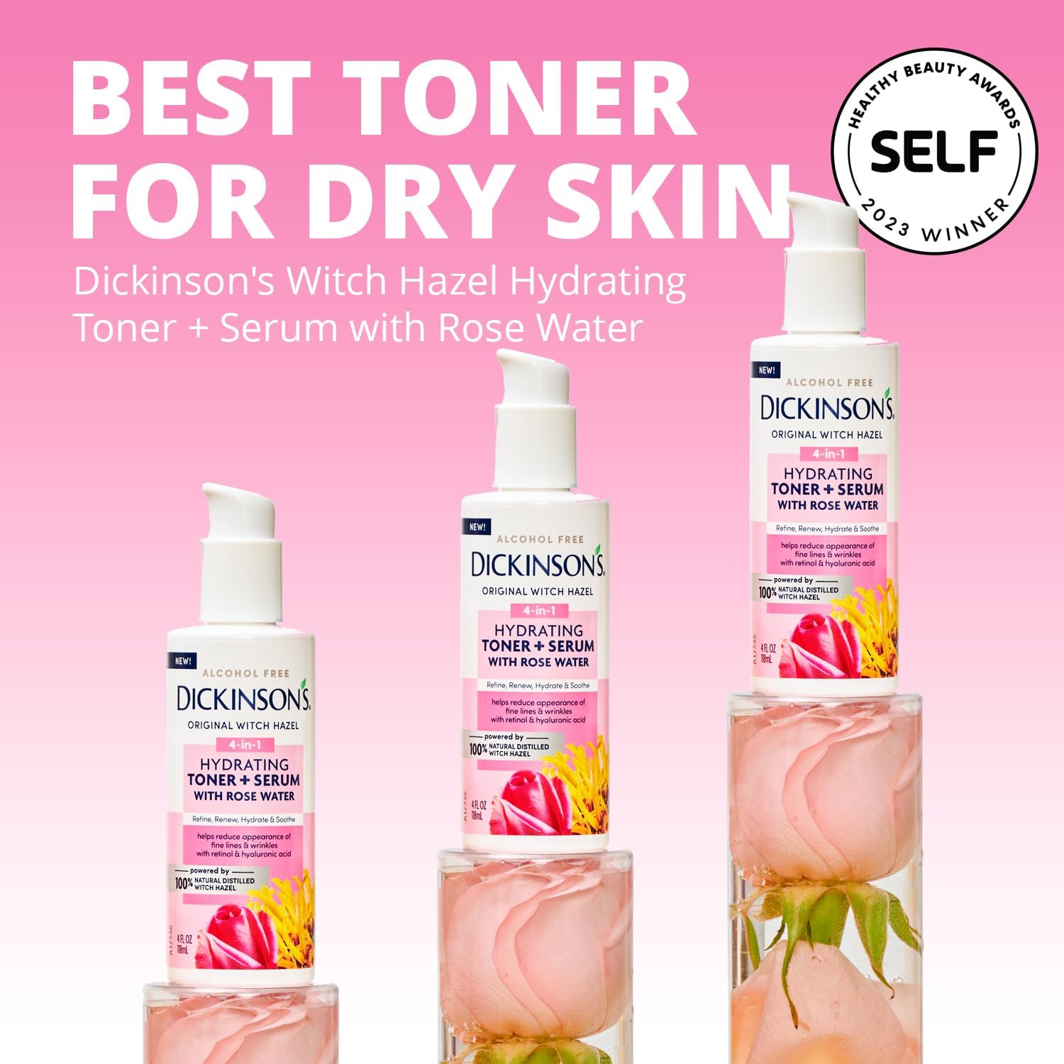 Dickinson's Witch Hazel Hydrating Toner + Serum with Rose Water - Alcohol-Free Facial Toner for Acne, Pores & Oily Skin - Perfect for Daily Skincare & Post-Shave Soothing