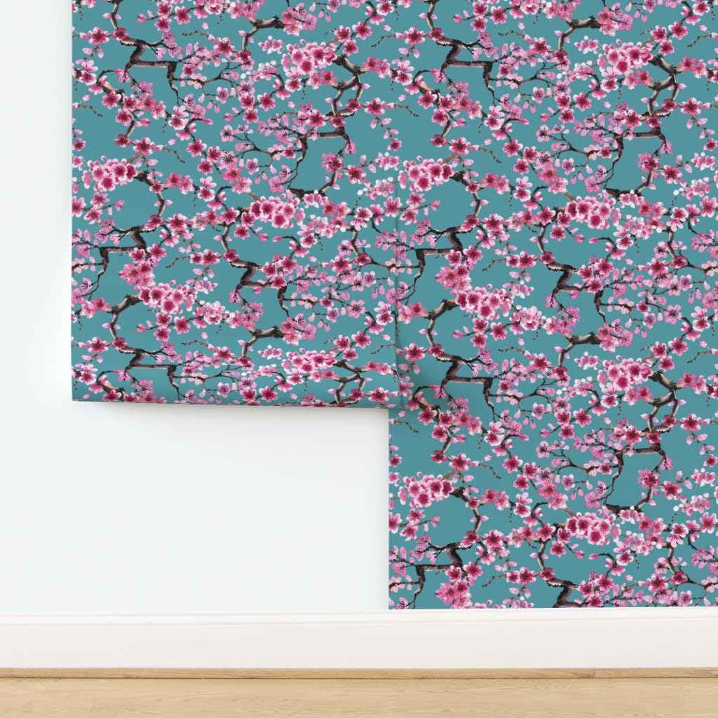 Peel & Stick Removable Wallpaper 12ft x 2ft - Turquoise Pink Floral Japanese Tree Design | Self-Adhesive Wall Decal for Bedroom, Living Room, Nursery & Office Decor