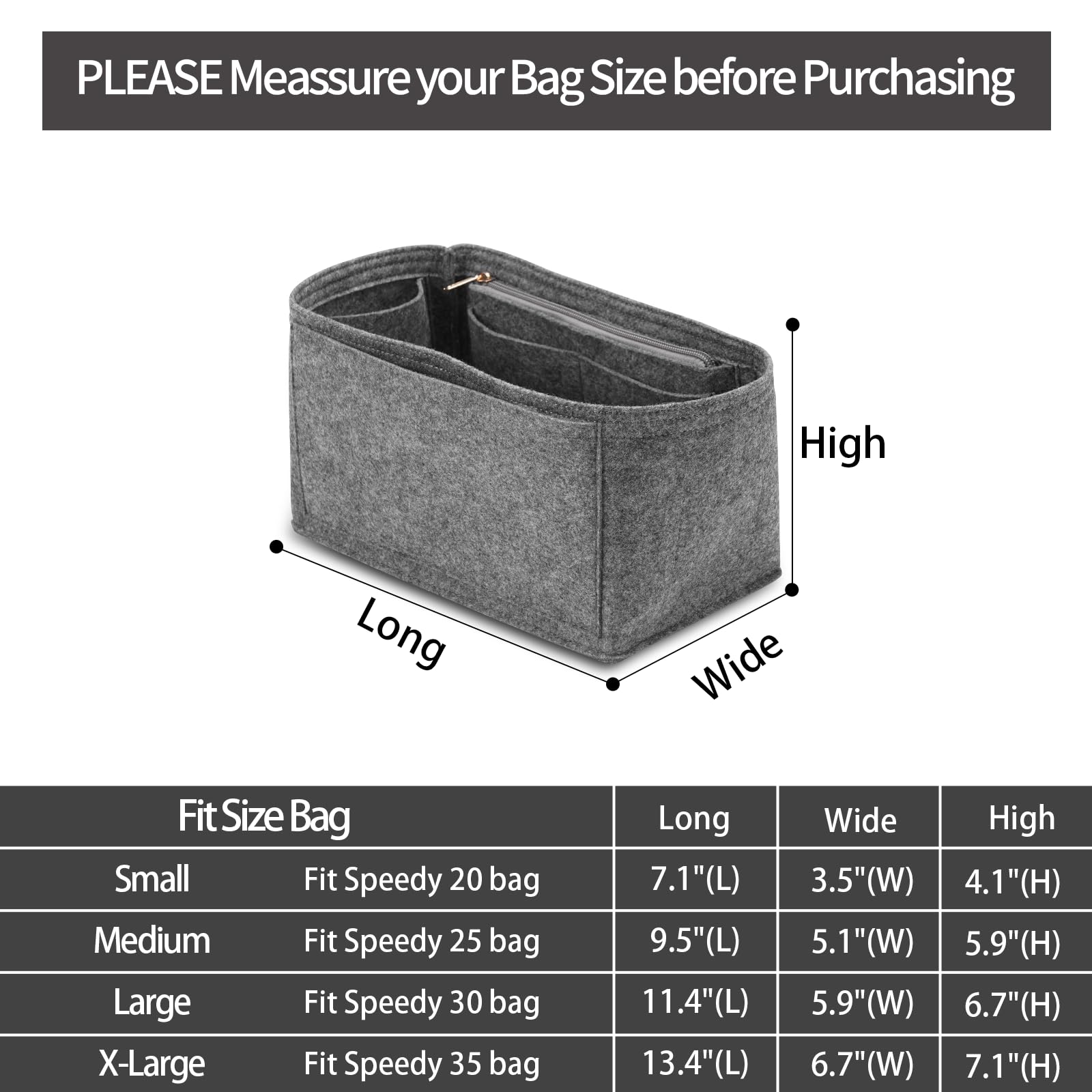 Premium Felt Purse Organizer Insert for Louis Vuitton Speedy 30 - Zippered Bag Tote Shaper in Grey (Large Size) - Perfect for Travel, Work & Everyday Use to Keep Essentials Organized