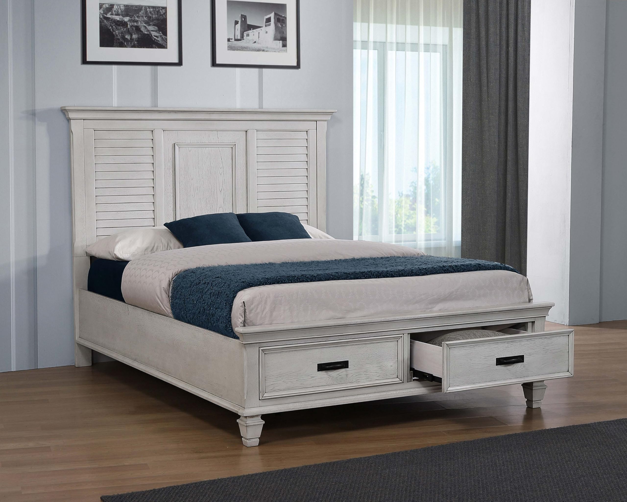 Coaster Home Furnishings Franco Farmhouse Wood Queen Size Storage Panel Bed Frame with 57-inch Distressed White Headboard - Perfect for Guest Rooms, Master Bedrooms & Small Space Storage Solutions