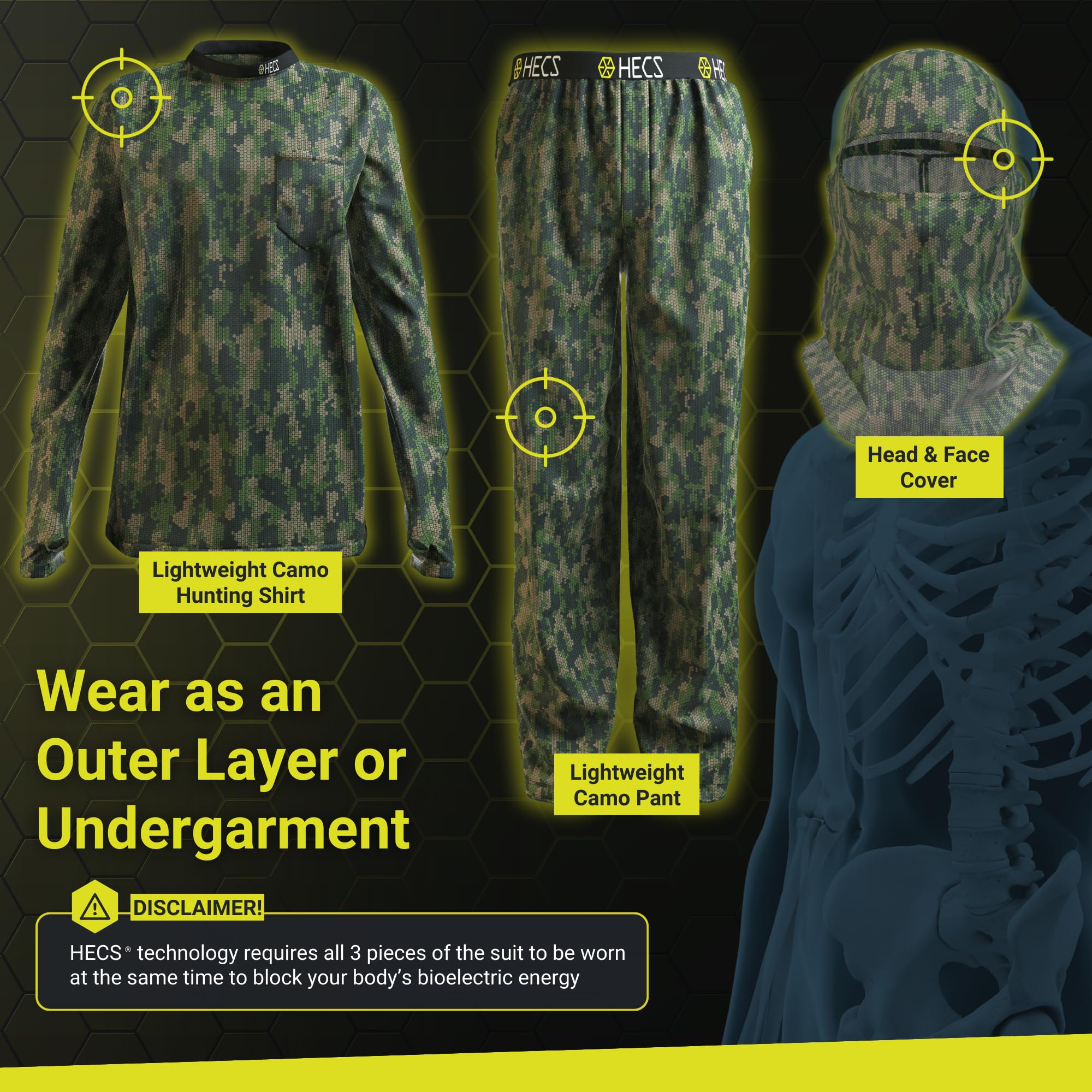 HECS Lightweight Hunting Camo Suit with Bioelectric Shielding Technology - Men's Stealth Hunting Gear for Deer & Turkey - Waterproof & Breathable for All-Weather Outdoor Adventures
