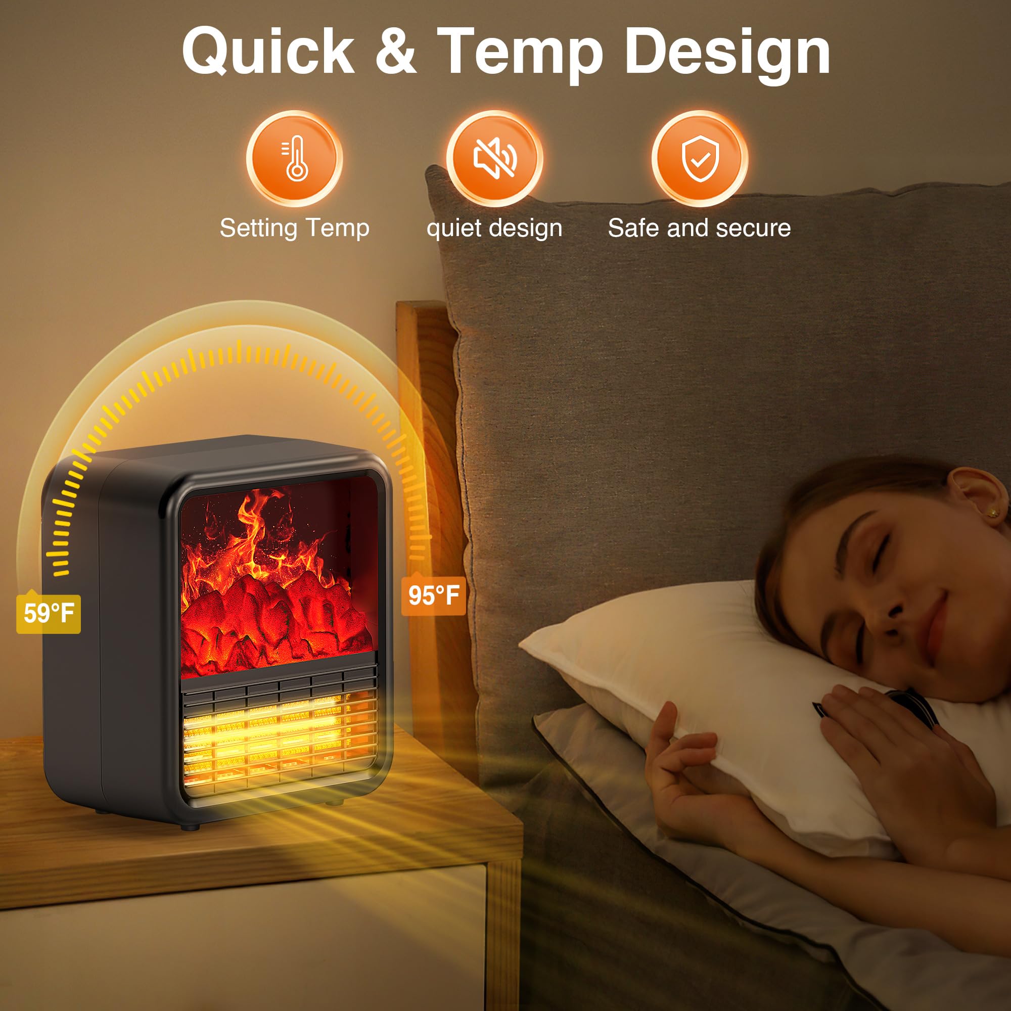 Small Portable Space Heater with Realistic 3D Flame - 1500W/750W PTC Ceramic Heater, Thermostat & Tip-Over Protection - Mini Electric Fireplace for Bedroom, Office & Indoor Use - Black