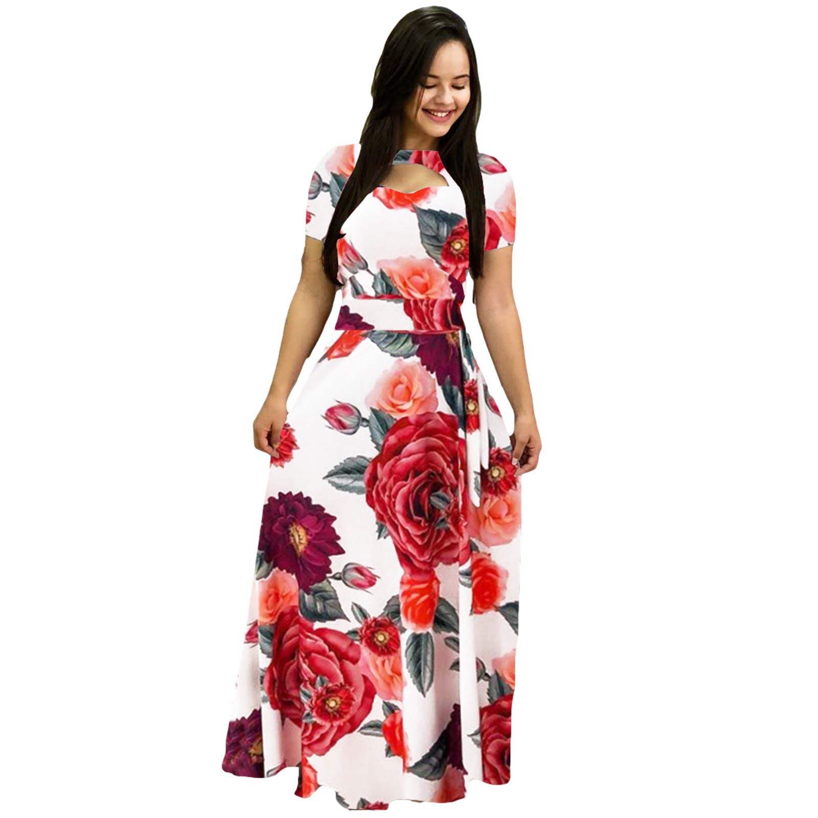 Elegant Women's Maxi Dress with Hollow Out Floral Print - Short Sleeve Velour Floor-Length Dress for Casual Wear, Beach Vacation & Summer Parties