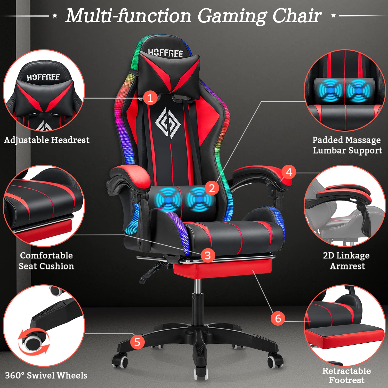 RGB Gaming Chair with Bluetooth Speakers & LED Lights - Ergonomic Massage Computer Chair with Adjustable Footrest, High Back & Lumbar Support - Red & Black Gaming Throne for PC, Console & Streaming Setup