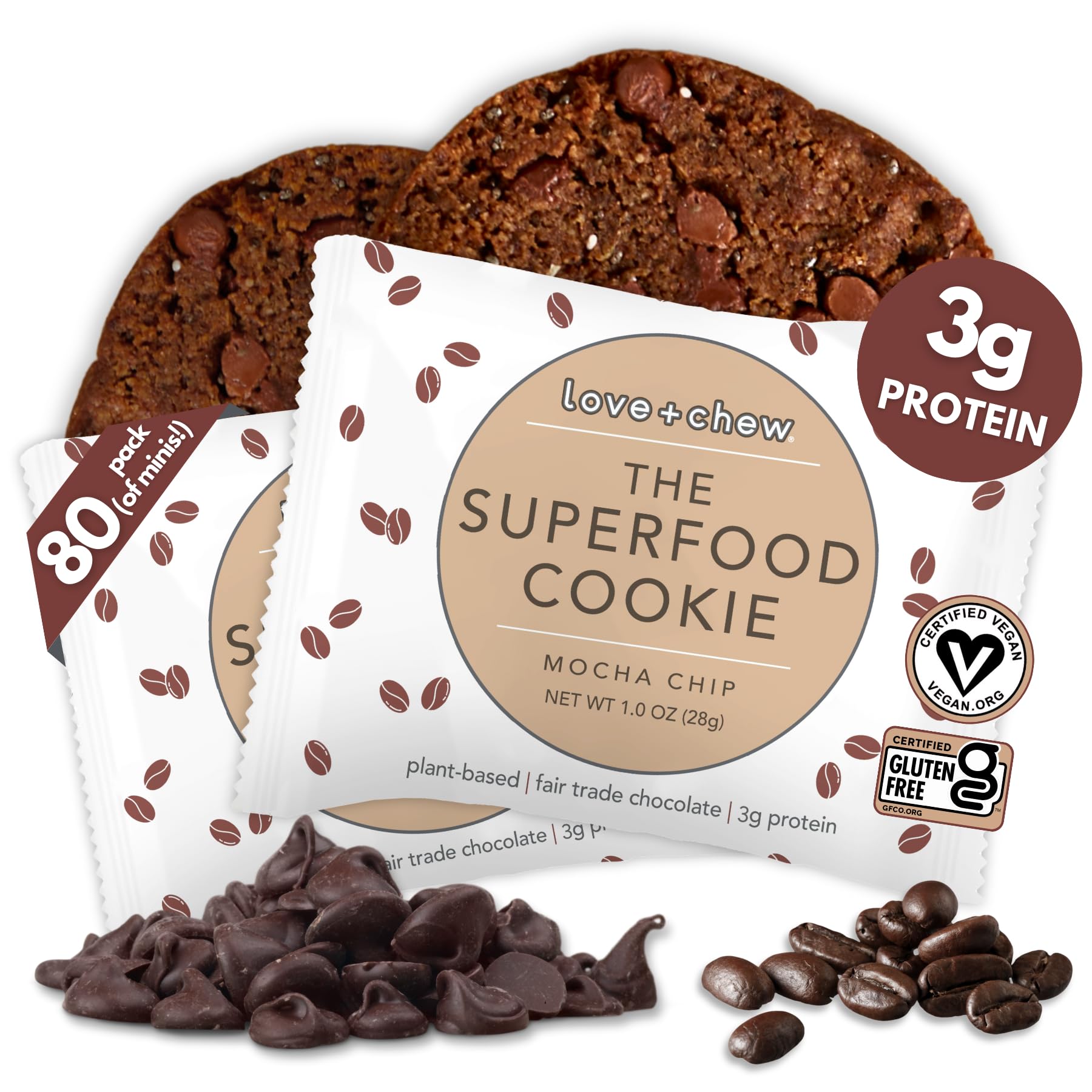 Love + Chew Mocha Chip Minis Bulk Box - 80 Count, 1 Ounce Each | Gluten Free, Vegan, Paleo & Non-GMO Soft Baked Cookies | High Protein Almond Snacks | Perfect for Office Snacks, School Lunches & On-the-Go Healthy Treats