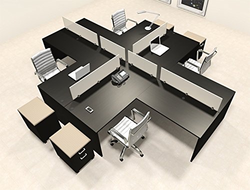 L Shaped Office Desk with Divider - 4 Person Workstation Set (CH-AMB-FP48) for Home Office & Business Workspaces