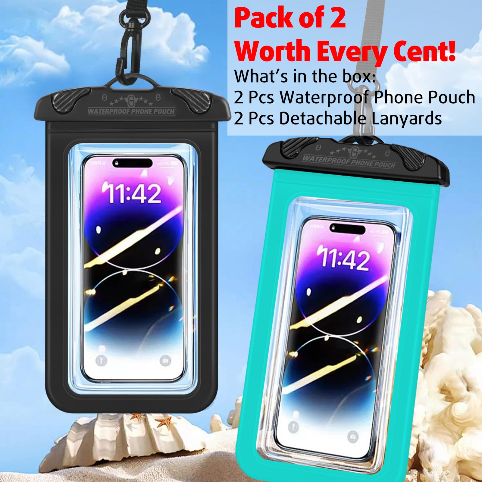 2 Pack Waterproof Phone Pouch for iPhone 16 15 14 13 12 Pro Max & Galaxy S24 S23 Ultra - IPX8 Waterproof Phone Case Dry Bag with Lanyard - Perfect for Beach, Swimming, Cruise, Kayaking & Water Sports