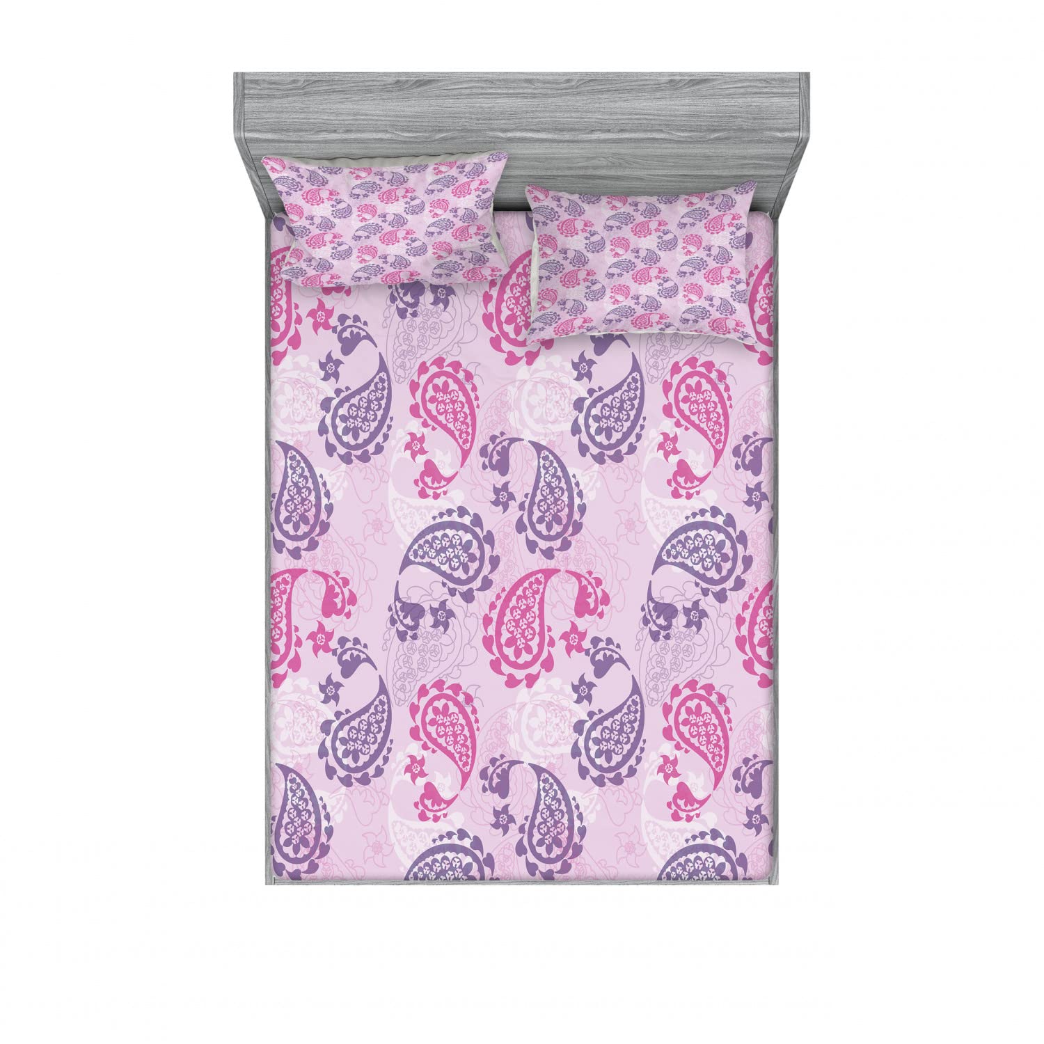 Ambesonne Paisley Print 2-Pack Queen Size Fitted Sheet Set with 4 Pillow Shams - Vibrant Fuchsia Lilac Floral Bedding Collection for Modern Home Decor | Perfect for Guest Rooms, Master Bedrooms & Bohemian Style Interiors