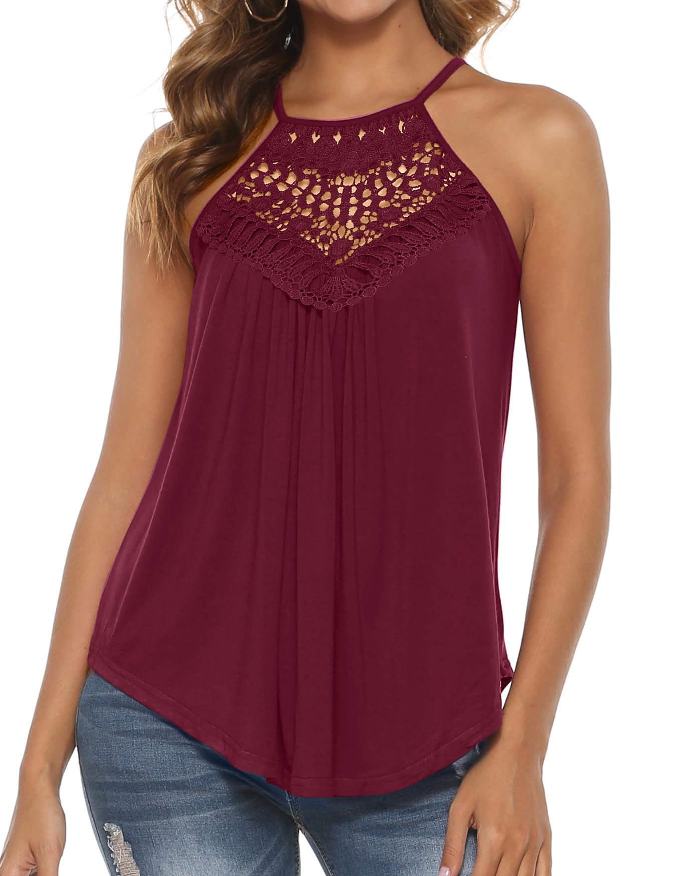 Bluetime Women's Summer Halter Spaghetti Strap Flowy Tank Top - Sleeveless Lace Cami Blouse for Beach, Party & Casual Wear