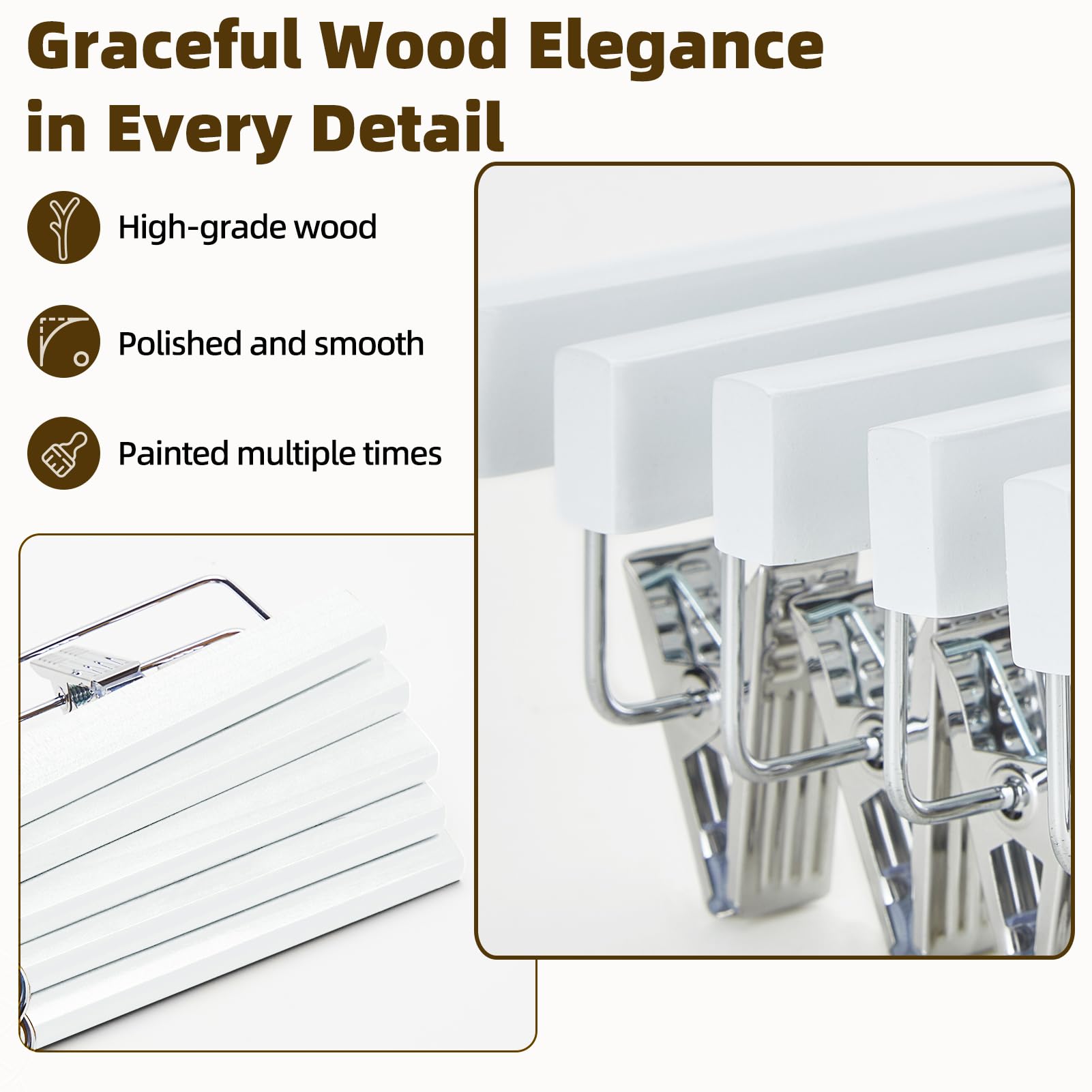 Premium Wooden Pants Hangers 25 Pack - Heavy Duty Adjustable Clips, Anti-Slip Wood Bottom for Slacks, Jeans & Trousers - Ideal for Closet Organization & Wardrobe Storage (White)