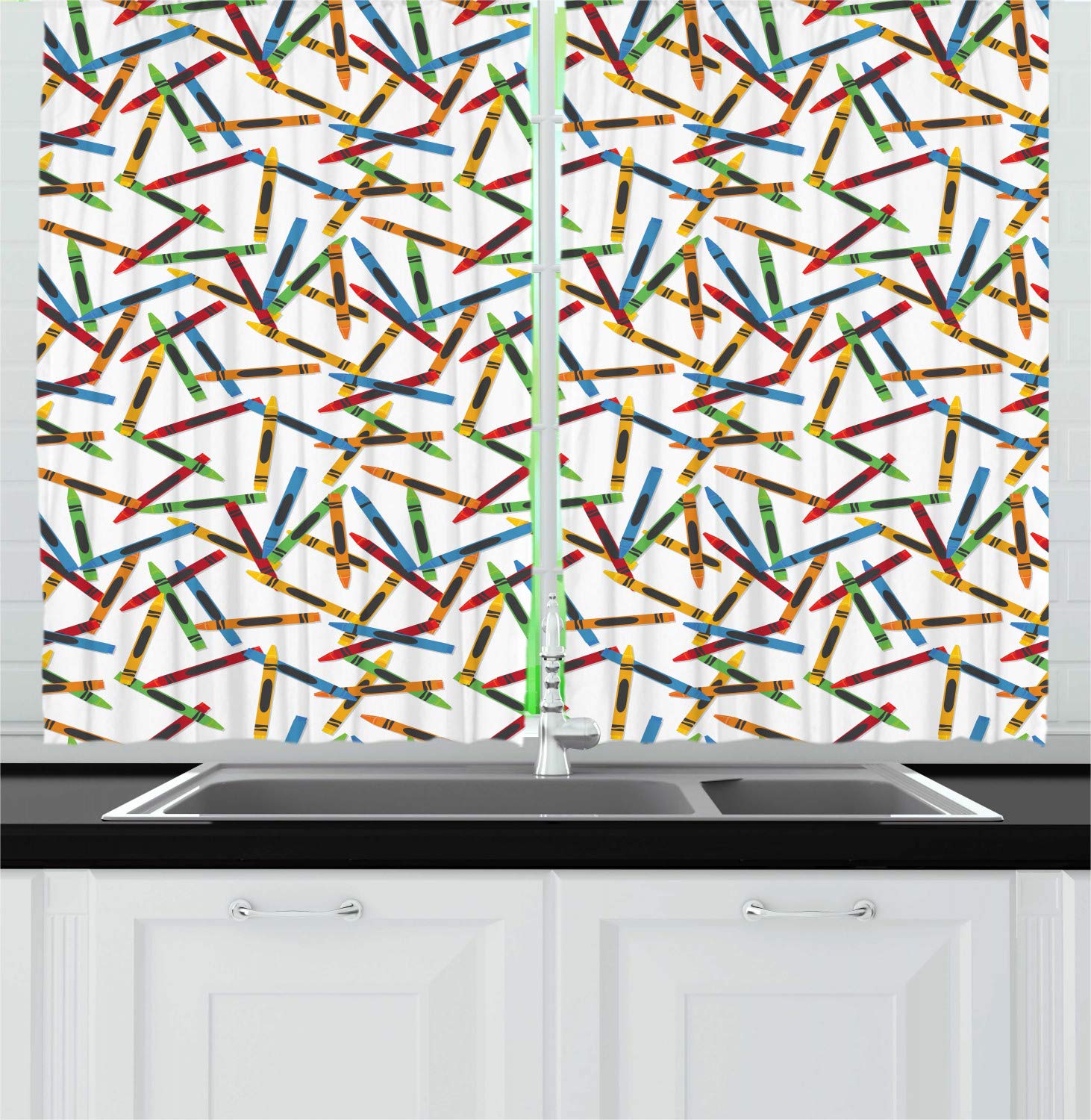 Ambesonne Crayon Kitchen Curtains - Colorful Cartoon Drawing Crafts on Plain Background, 2 Panel Set for Kitchen & Cafe Decor, 55