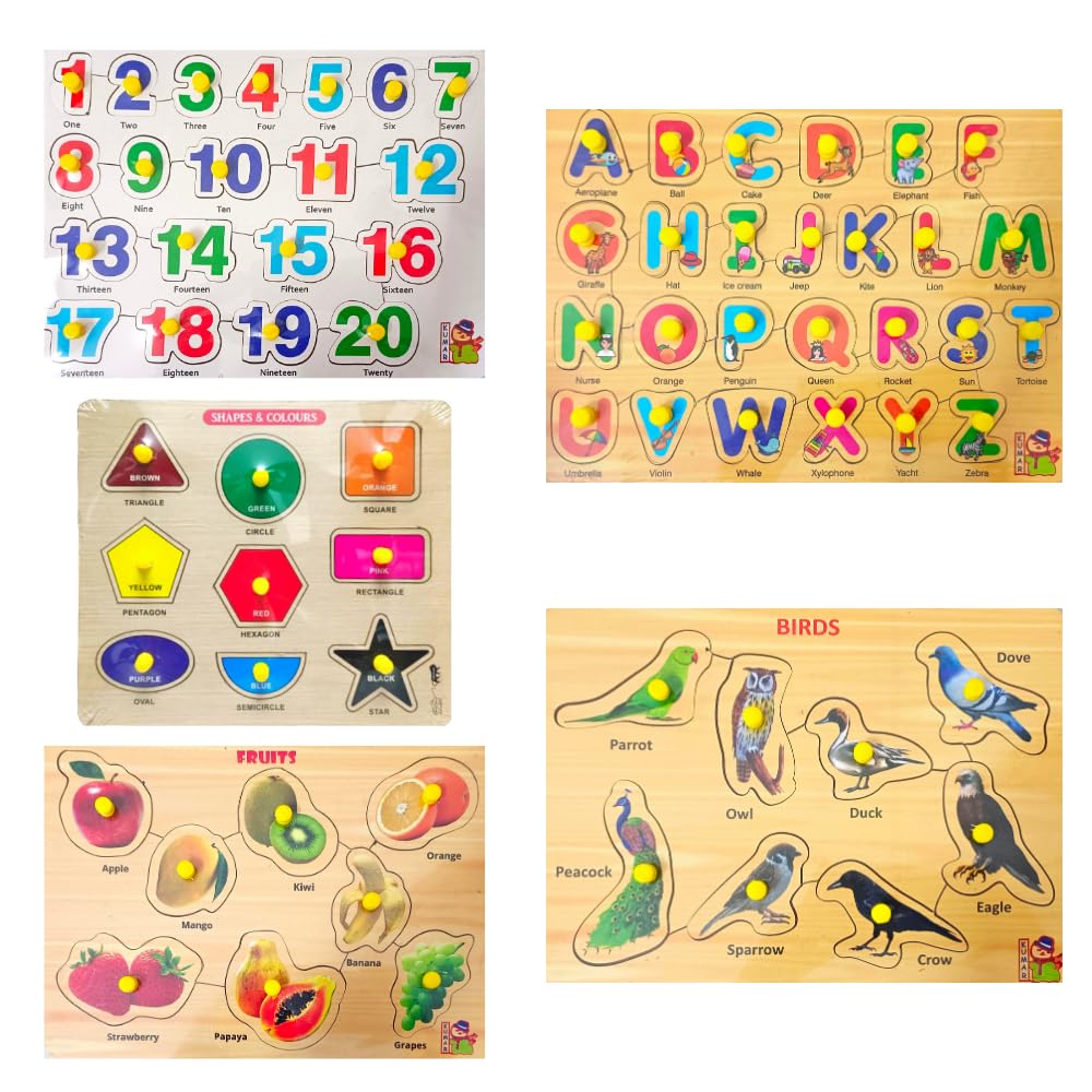 5-Piece Wooden Learning Puzzle Set for Kids & Adults - Shapes, Numbers 1-10, Alphabet ABC, Birds & Fruits - Educational Montessori Toys for Toddlers 3+ Years - Perfect for Homeschooling & Family Game Night