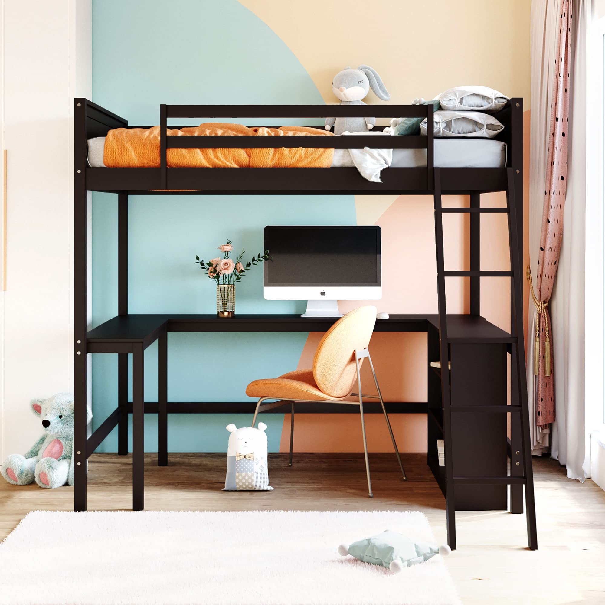Merax Full Size Loft Bed with 3-Tier Shelves & Built-in Study Desk - Space Saving Wooden Bunk Bed for Kids & Teens - Sturdy Frame with Safety Ladder & Full-Length Guardrail in Espresso Finish - Perfect for Small Bedrooms, Dorms & Studio Apartments